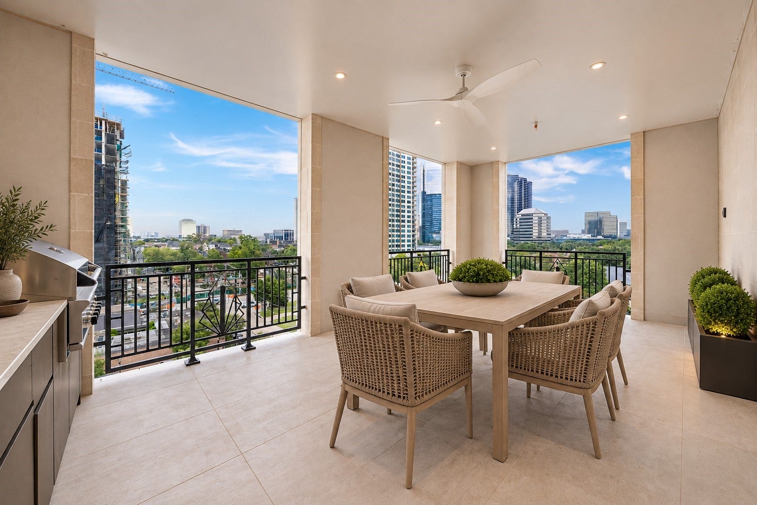 5010 Longmont Drive, #PH-6, Houston, TX 77056 PH-6 Covered Terrace with Eggersmann cabinetry, DCS gas grille, paneled beverage center, sink, Taj Mahal countertop & pet potty.
