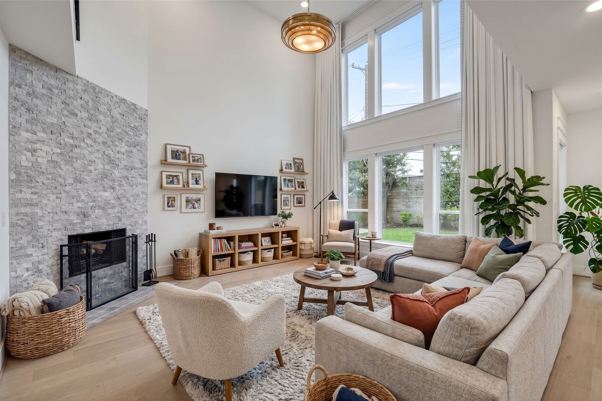 8558 Ridgepoint Drive, Houston, TX 77055 Soaring proportions and tall windows give the living room its scale.