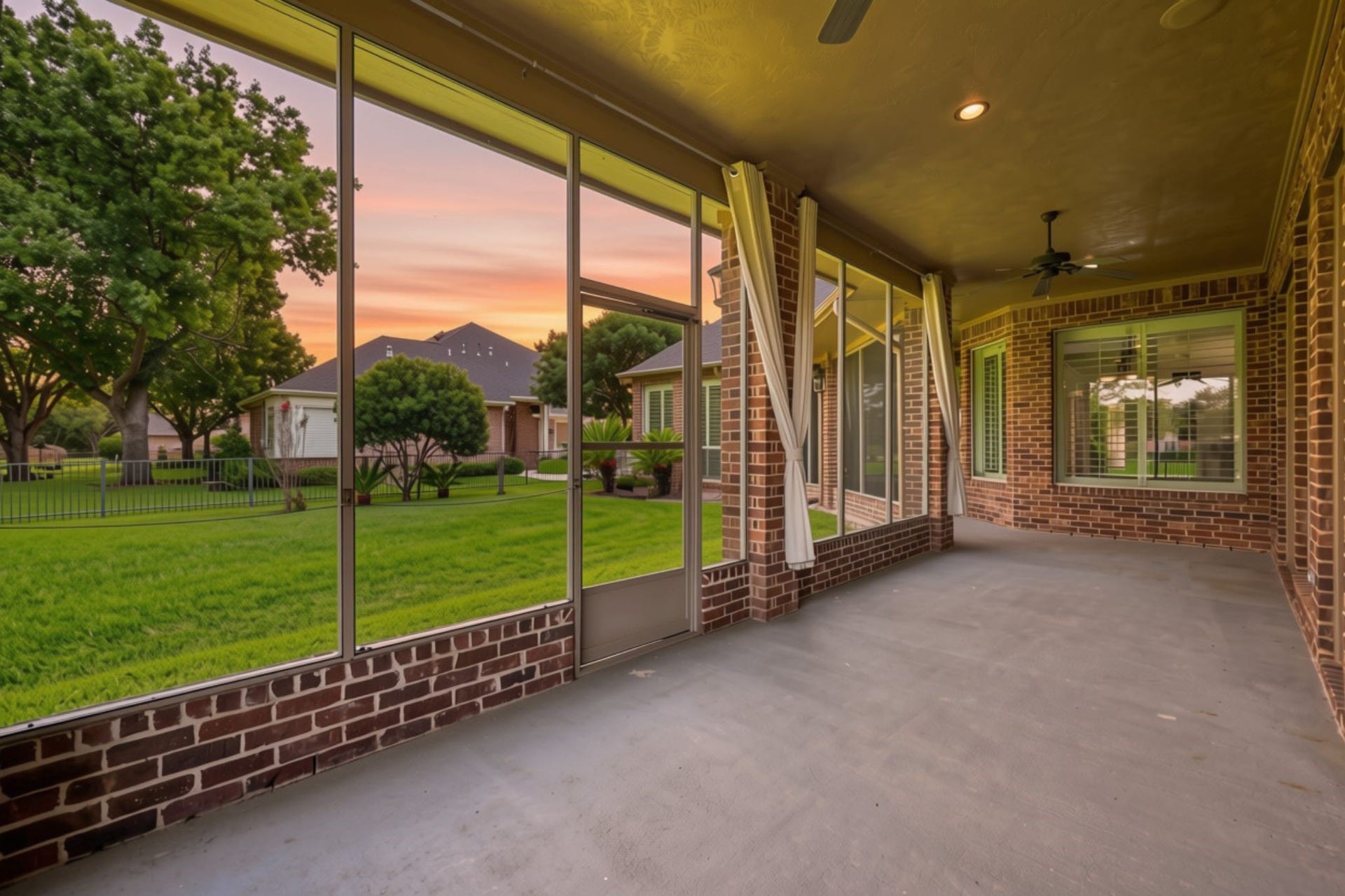 5411 Woodbury Street, Fulshear, TX 77441 Lets step outside to the spectacular oversized screened-in back patio, a wonderful extension of the homes living space. Overlooking the beautifully landscaped backyard and golf course, this expansive outdoor retreat is perfect for relaxing, entertaining, and enjoying the peaceful surroundings.