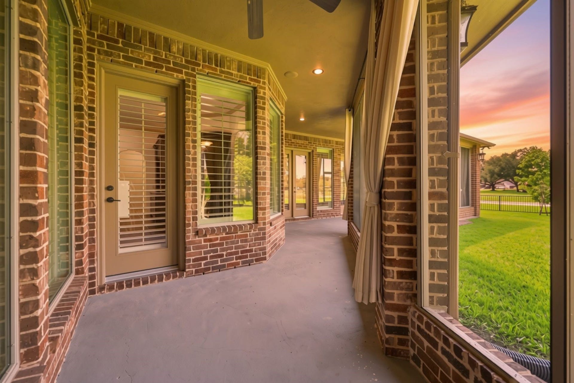 5411 Woodbury Street, Fulshear, TX 77441 The oversized screened-in back patio features high ceilings and recessed lighting, creating a bright and inviting outdoor living space that can be enjoyed day or night. With beautiful views overlooking the backyard and golf course, it is an exceptional setting for relaxing or entertaining.