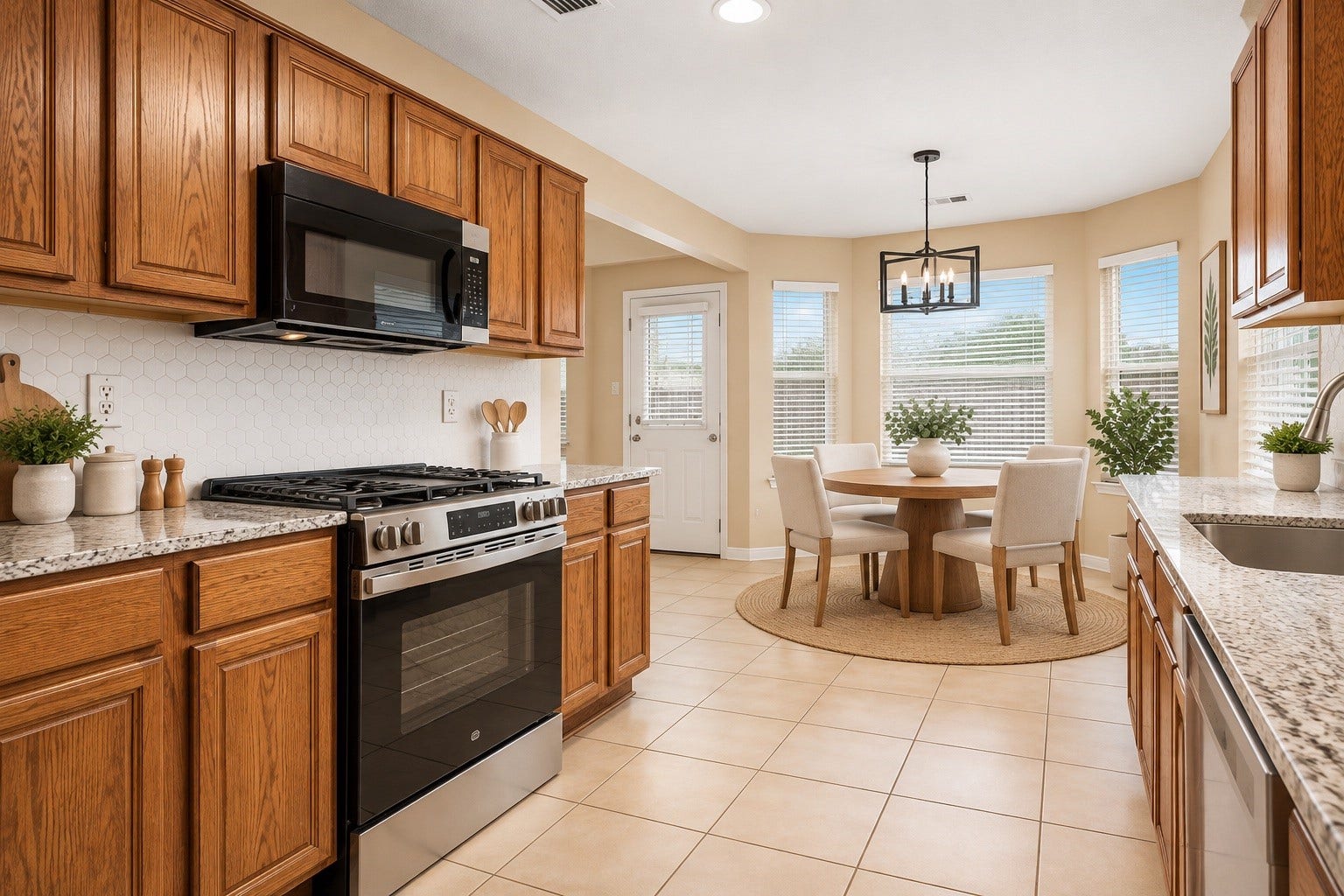 Open kitchen and breakfast area featuring oak cabinetry, granite countertops, tile backsplash, and abundant windows.
***Virtually Enhanced Photo***