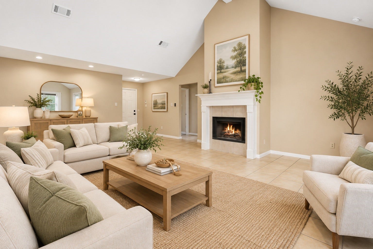 Alternate view of the spacious living area showcasing the fireplace, vaulted ceiling, and abundant natural light.
***Virtually Enhanced Photo***