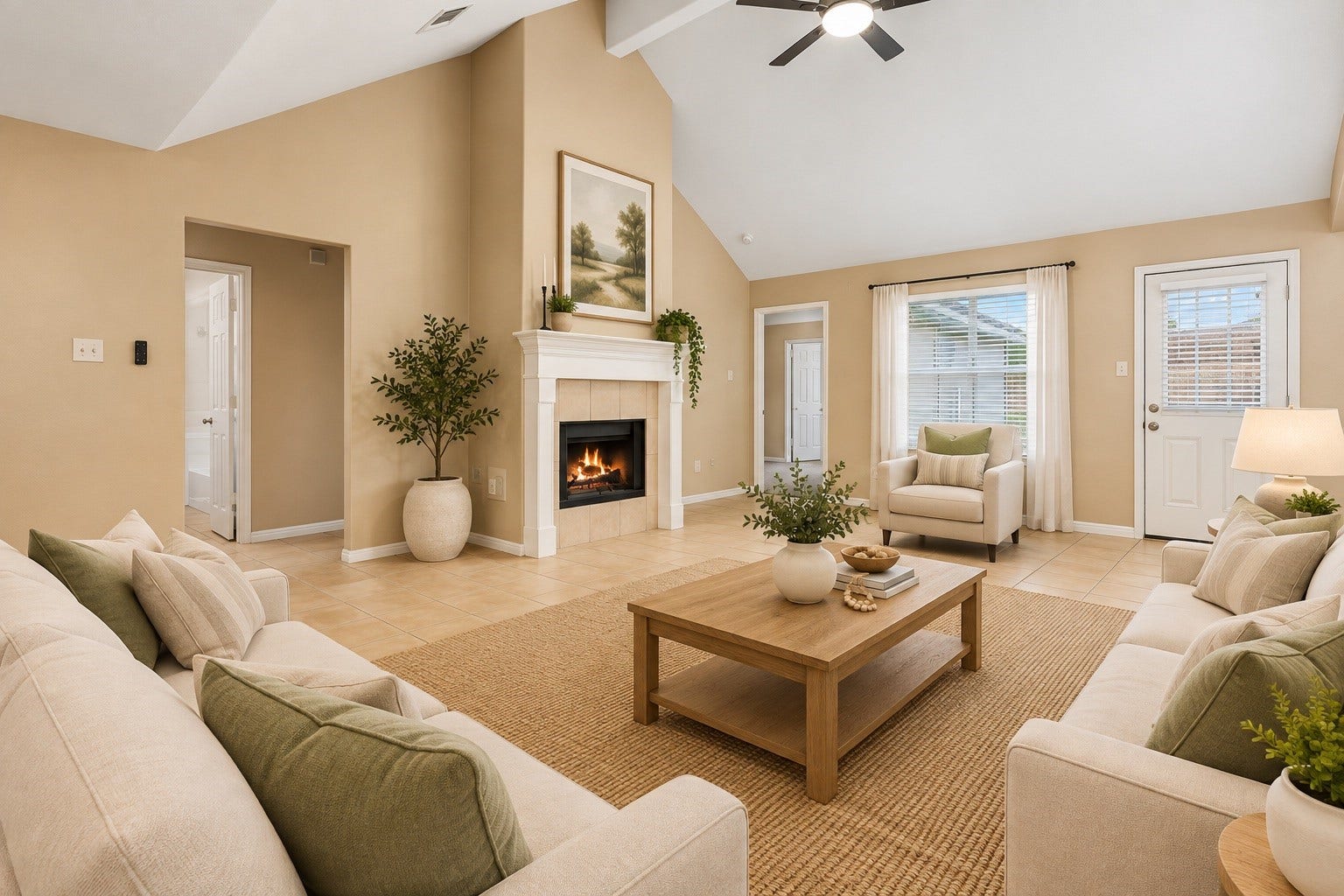 Spacious living room featuring vaulted ceiling, fireplace, tile flooring, and open-concept layout.
***Virtually Enhanced Photo***