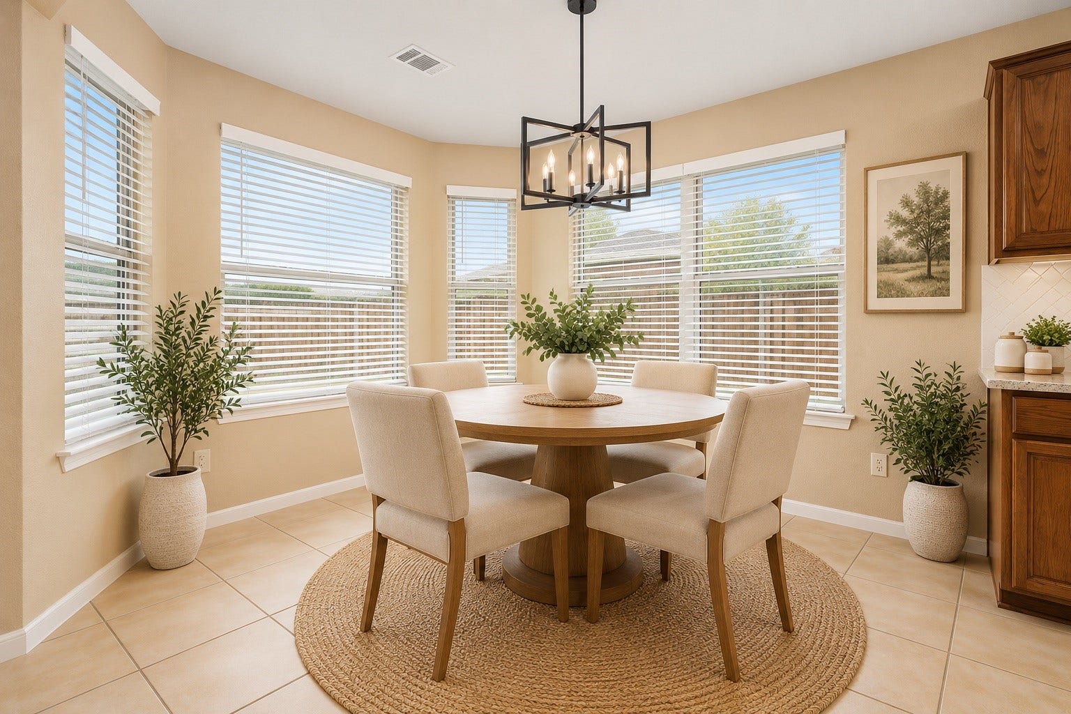 Bright breakfast area surrounded by windows, offering plenty of natural light and a welcoming dining space.
***Virtually Enhanced Photo***