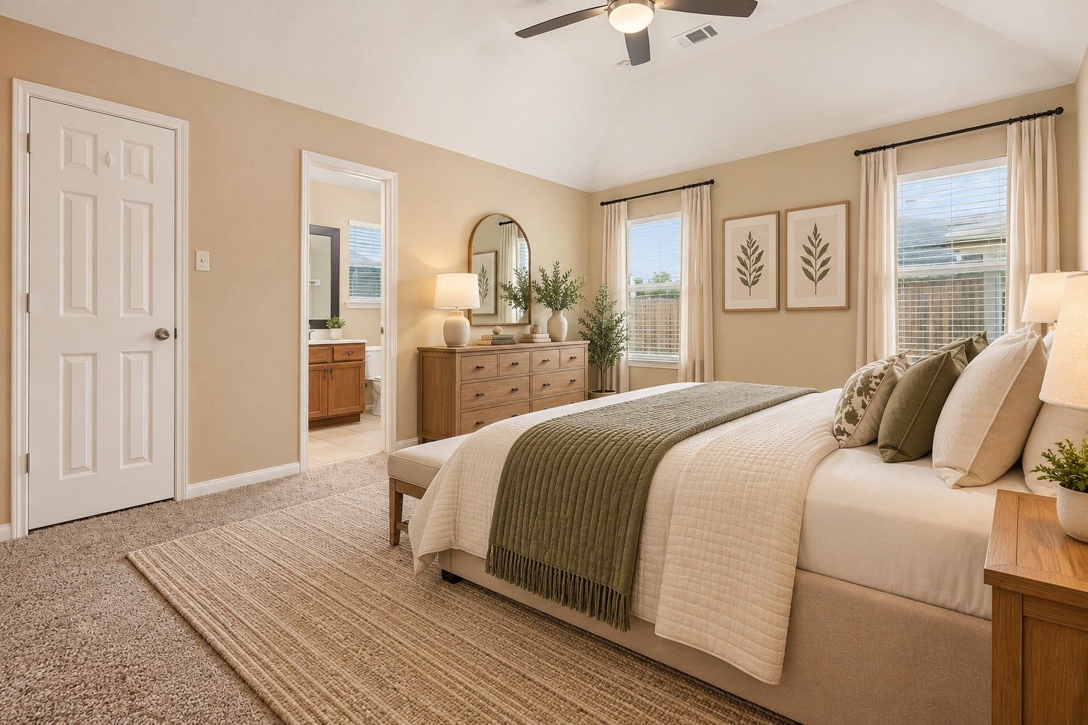 Spacious primary bedroom featuring vaulted ceiling, plush carpeting, abundant natural light, and ensuite access.
***Virtually Enhanced Photo***
