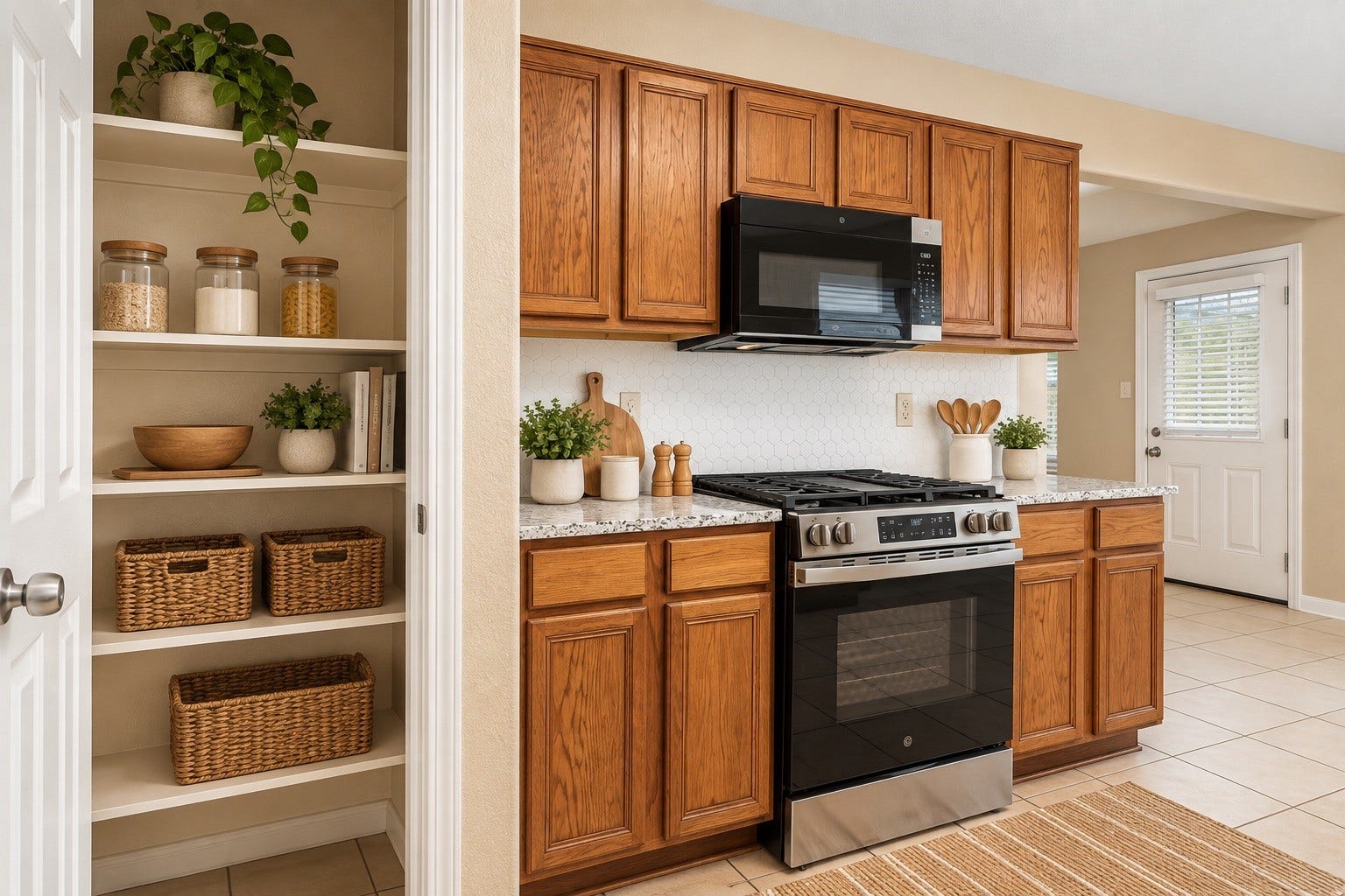 Kitchen view highlighting the generous pantry, oak cabinetry, granite countertops, and stainless-steel appliances.
***Virtually Enhanced Photo***