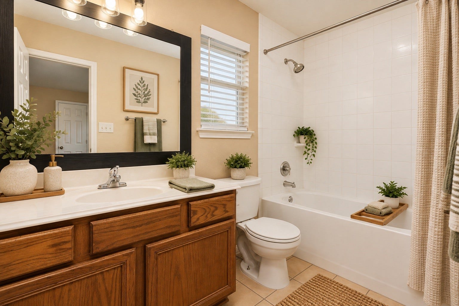 Primary ensuite bath featuring an oak vanity, large mirror, soaking tub/shower combination, and ample natural light.
***Virtually Enhanced Photo***