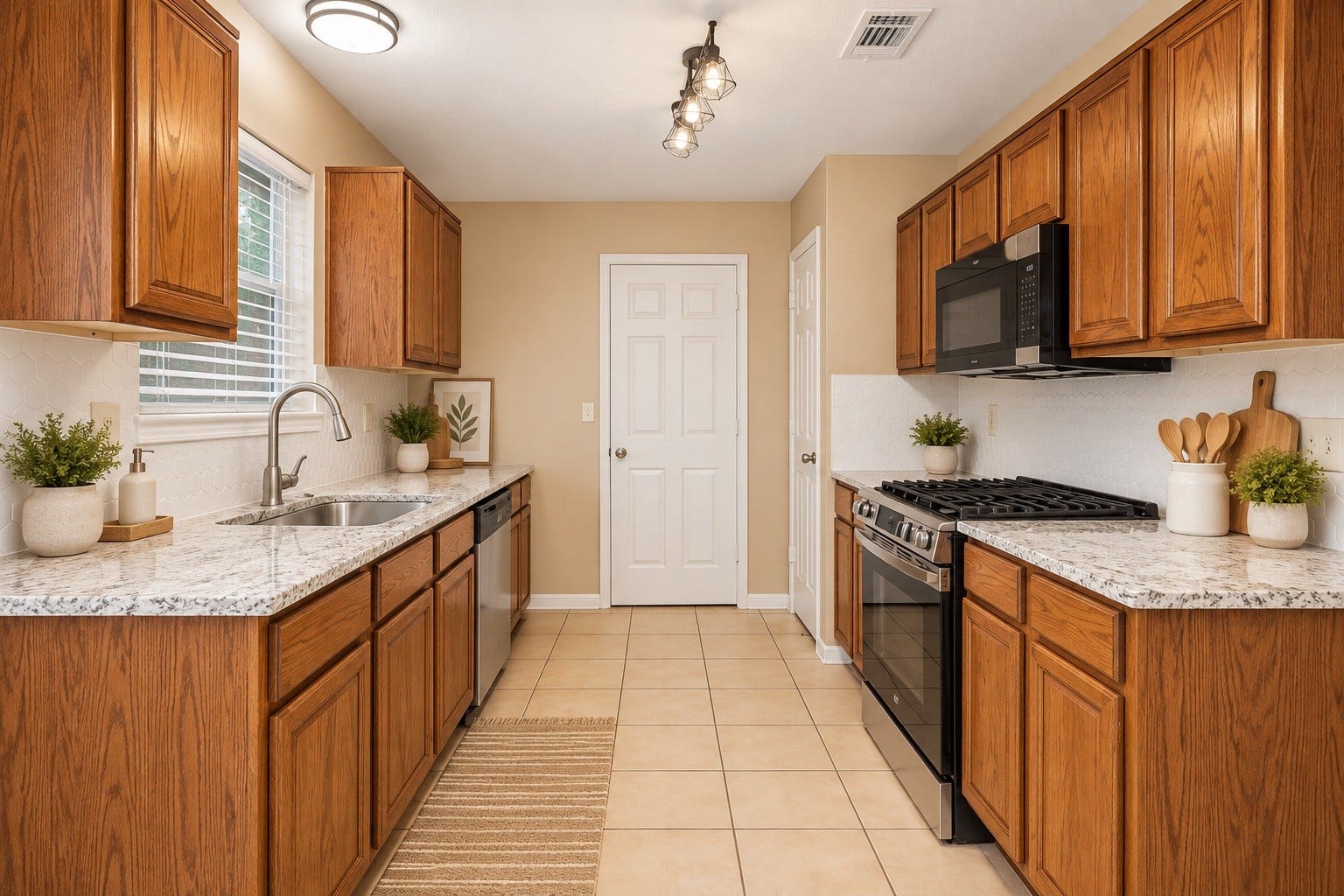 Well-appointed kitchen featuring oak cabinetry, granite countertops, gas range, built-in microwave, and ample storage.
***Virtually Enhanced Photo***