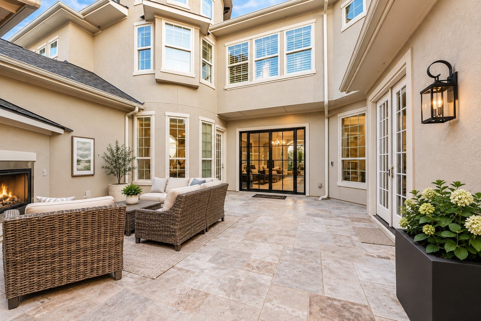 12821 N Palomino Lake Circle, Cypress, TX 77429 Elegant courtyard featuring impressive glass-paneled double entry doors, with additional access to the breakfast area on the left and beautiful double doors leading into the private study on the right.