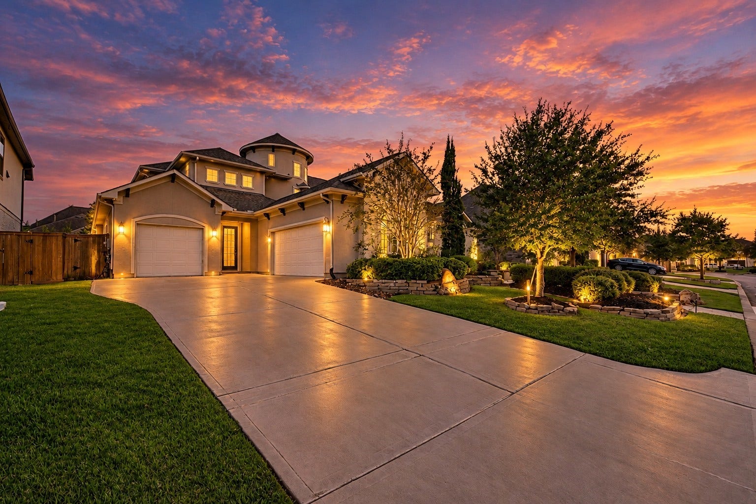 12821 N Palomino Lake Circle, Cypress, TX 77429 Three-car garage with a dedicated single-bay garage equipped with a mini-split HVAC system, complemented by an expansive driveway and beautifully illuminated landscaping.