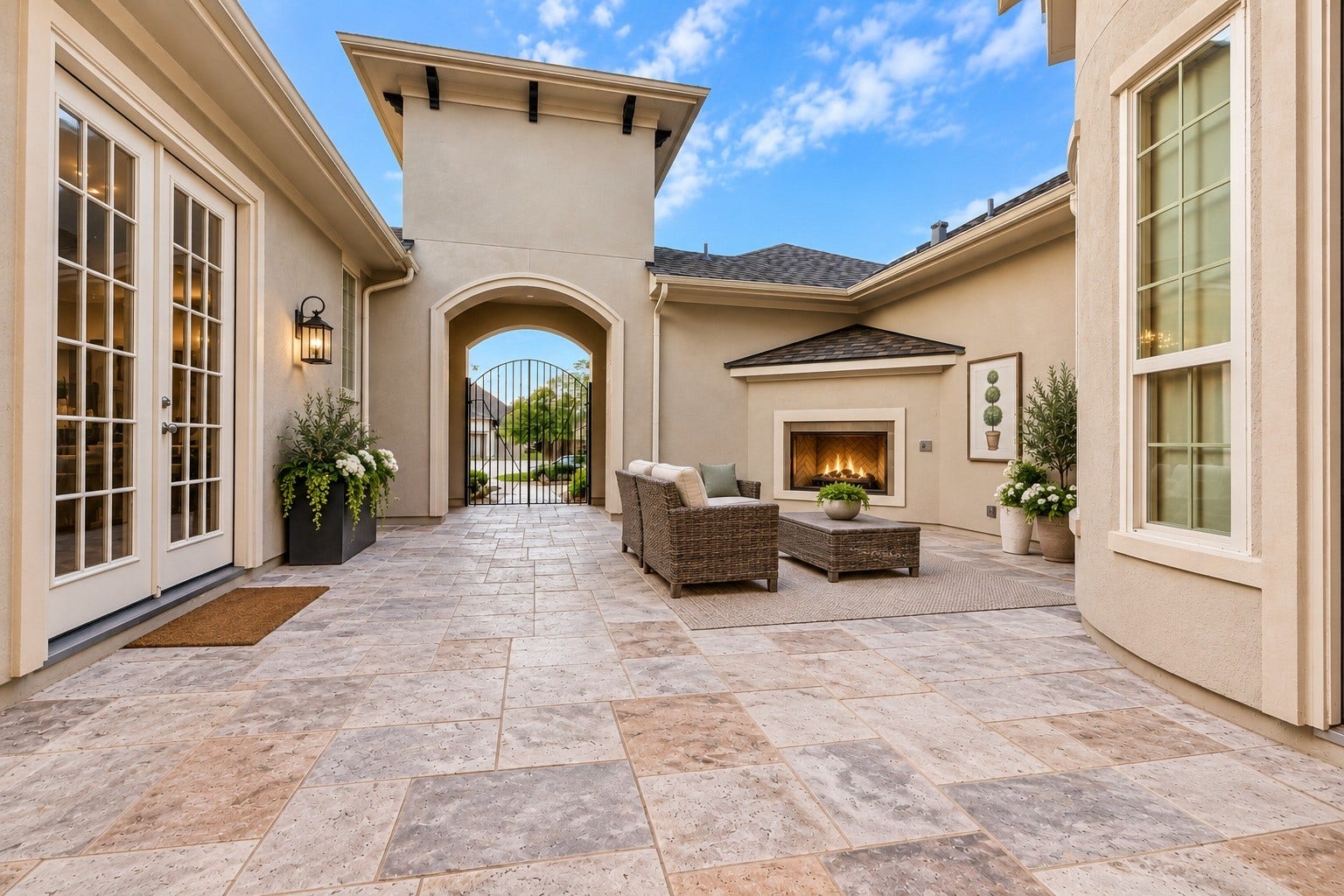 12821 N Palomino Lake Circle, Cypress, TX 77429 Beautiful private courtyard featuring a cozy outdoor fireplace, elegant stone flooring, and an inviting atmosphere perfect for relaxing or entertaining.