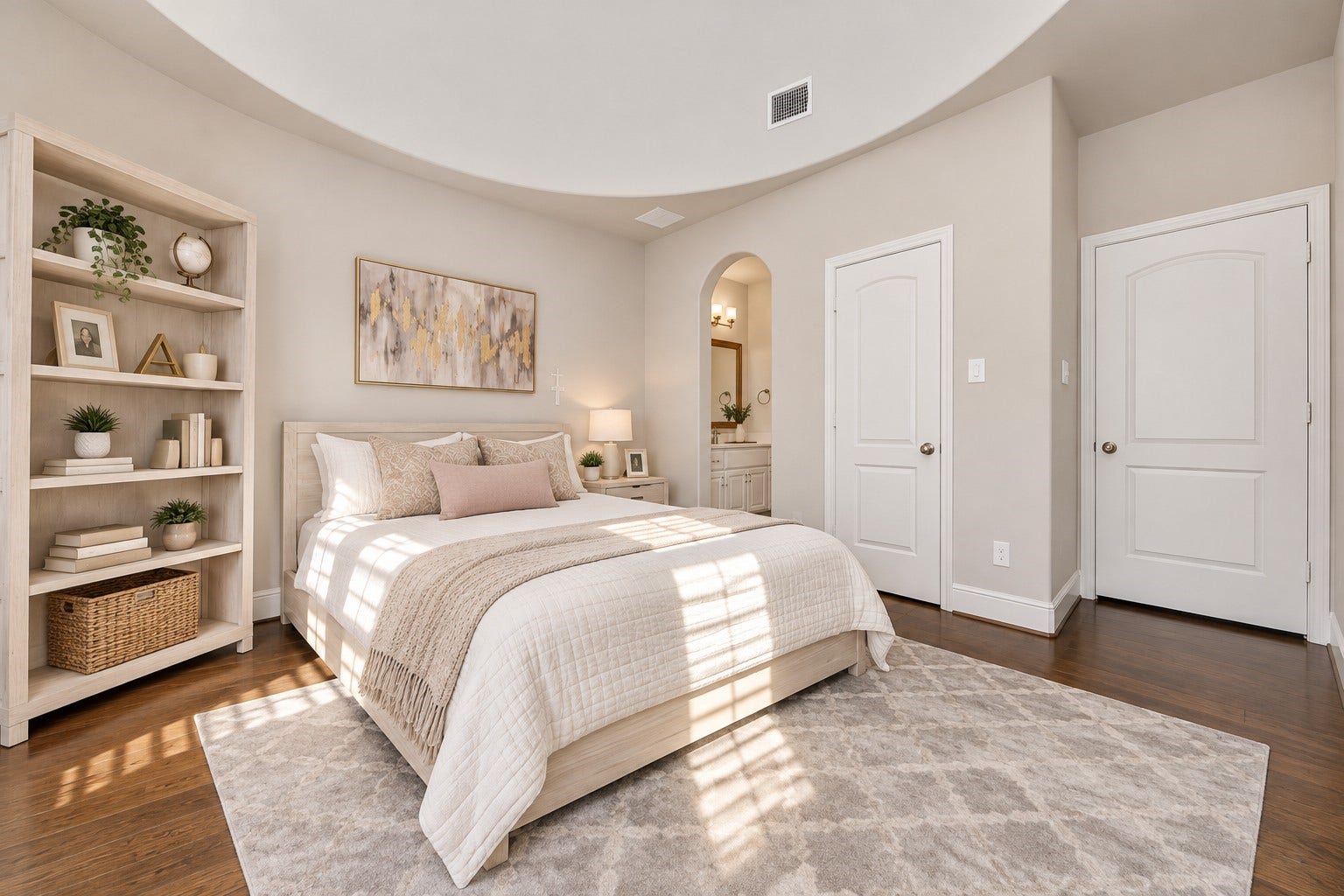 12821 N Palomino Lake Circle, Cypress, TX 77429 Another view of the upstairs secondary bedroom showcasing 17-foot ceilings, a sweeping curved architectural wall, plantation shutters, and an abundance of natural light.
