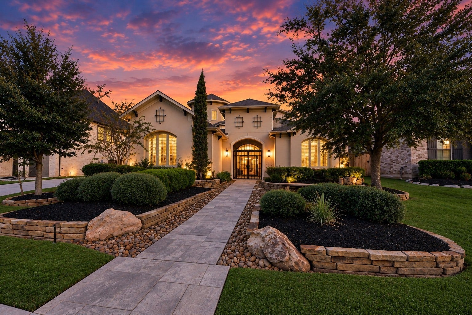 12821 N Palomino Lake Circle, Cypress, TX 77429 Mediterranean-inspired architecture featuring distinctive rooflines, lush landscaping, natural stone accents, decorative rock beds, and elegant landscape uplighting.