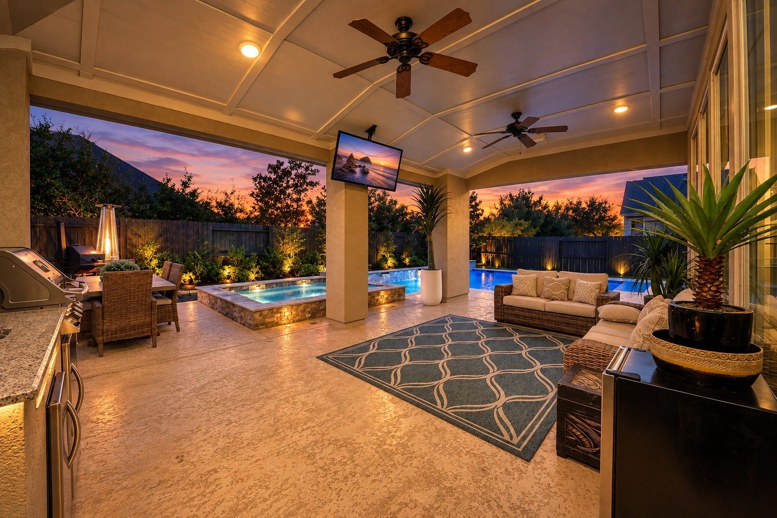 12821 N Palomino Lake Circle, Cypress, TX 77429 Your own backyard oasis, perfect for entertaining and making lasting memories! Enjoy an oversized covered patio featuring built-in surround sound speakers, mounted TV, outdoor kitchen, and relaxing spa.