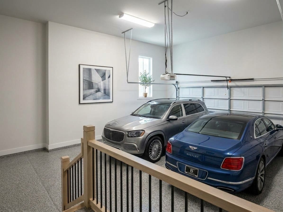 hardwood stairs w/iron railing from elevated 1st floor down to ground-level 2-car garage w/epoxy flooring (virtually staged)