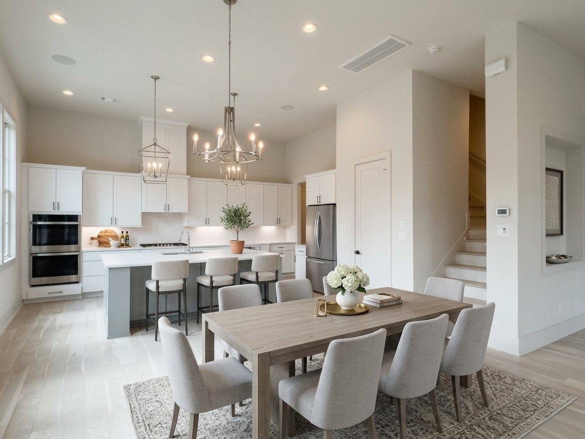 elegant chandelier over dining area; walk-in pantry, stainless LG refrigerator (virtually staged)