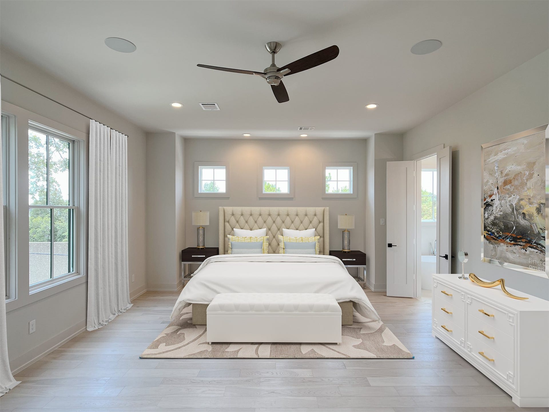 10' ceilings & contemporary ceiling fan; French doors to owner's bath (virtually staged)