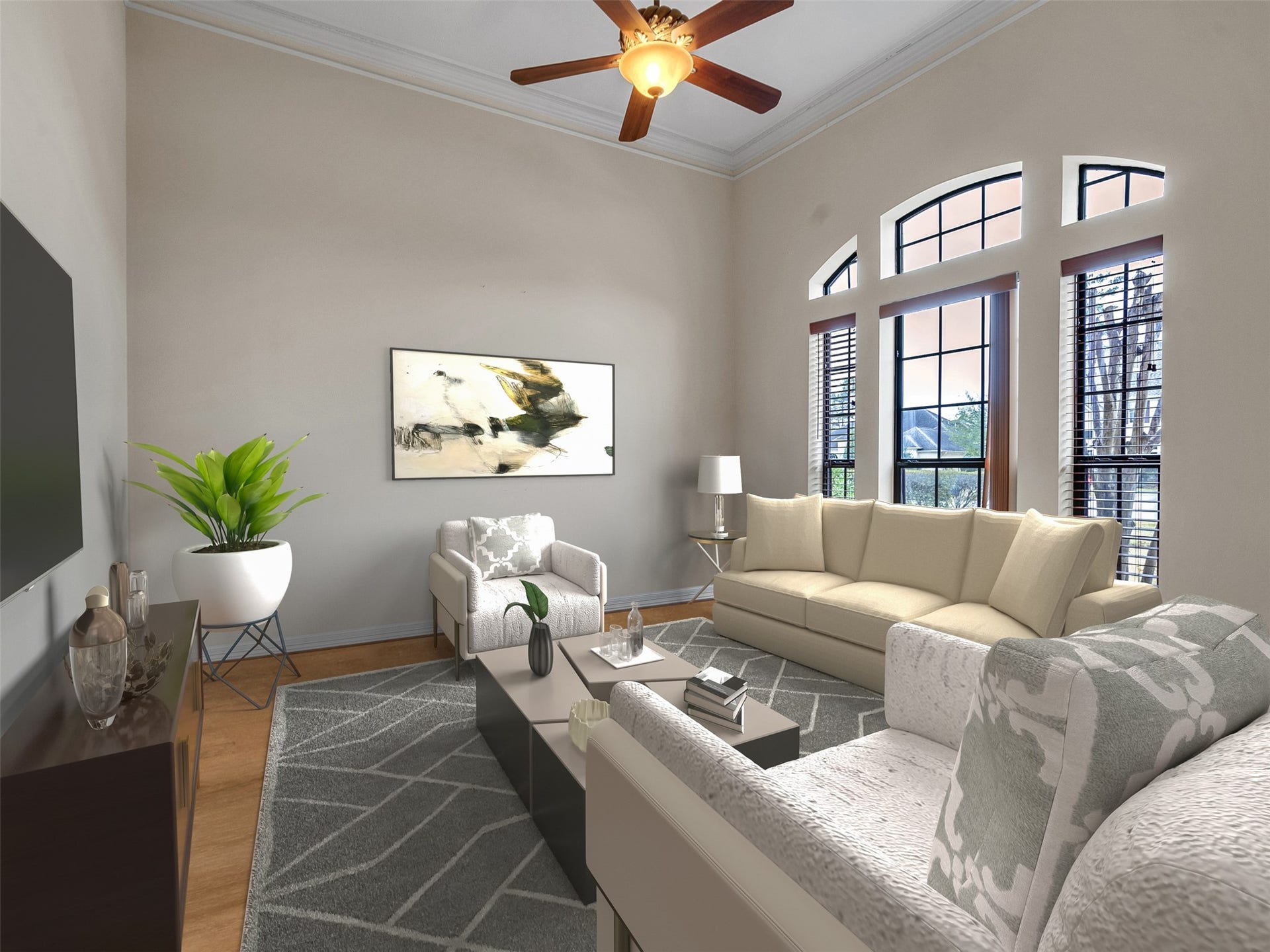 6914 Sandwedge Point Court, Spring, TX 77389 Elegant Living room with wood floors and oversize windows - digital staging