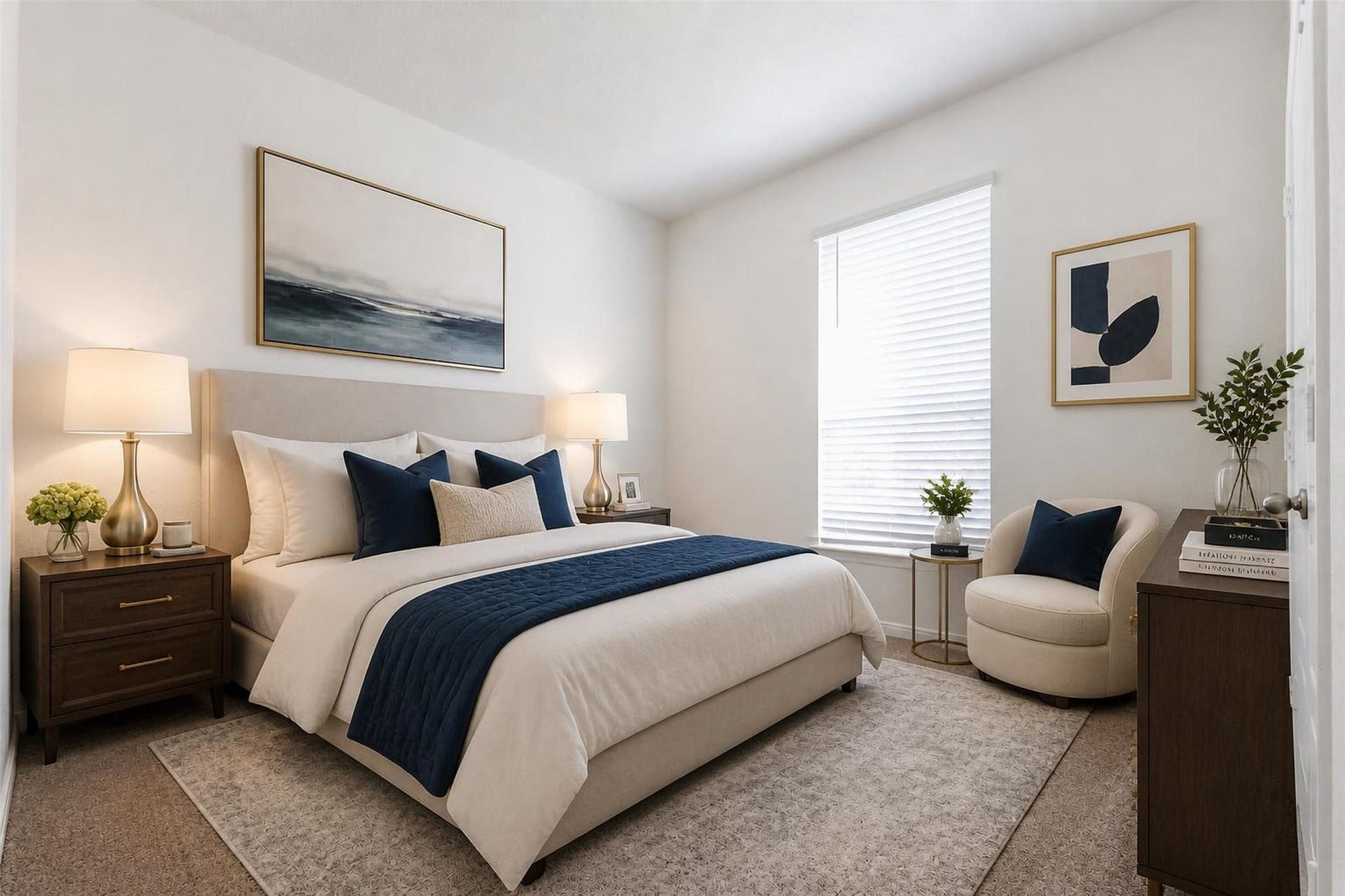 Virtually staged. This secondary bedroom is shown with a queen bed, nightstands and a reading chair.