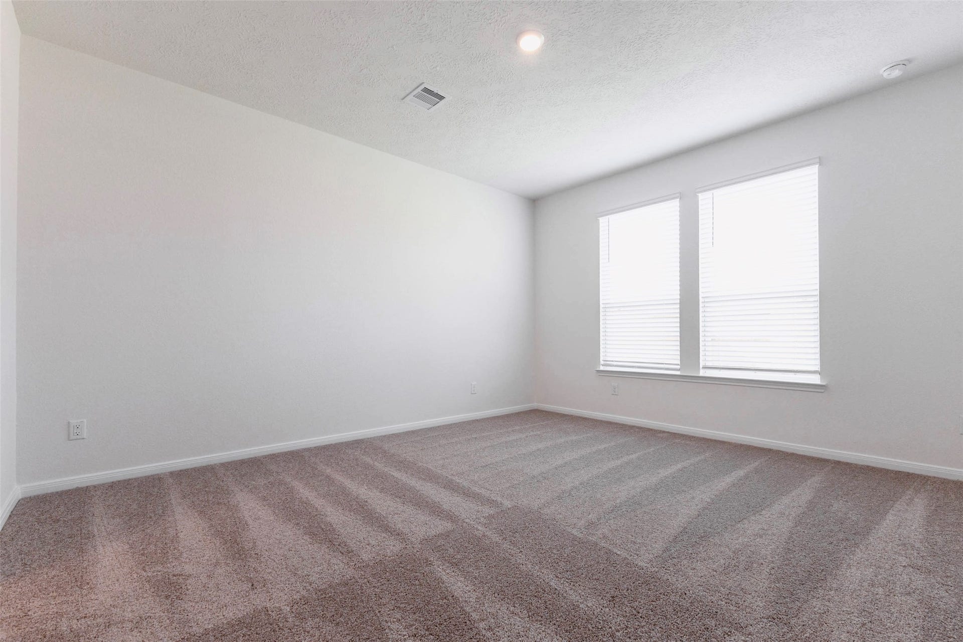 Two large windows brighten the primary suite, with generous room for a king bed.