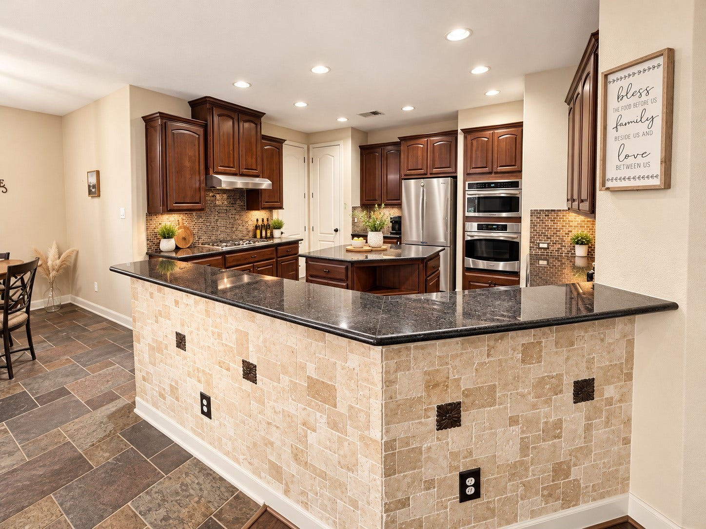 14215 Windy Crossing Lane, Humble, TX 77396 Convenient built-in serving area features rich cabinetry, dark countertops, and decorative tile backsplash.