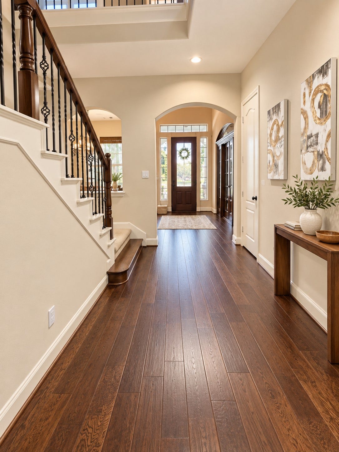 14215 Windy Crossing Lane, Humble, TX 77396 Elegant entry with decorative columns, arched openings, and an inviting view into the home.