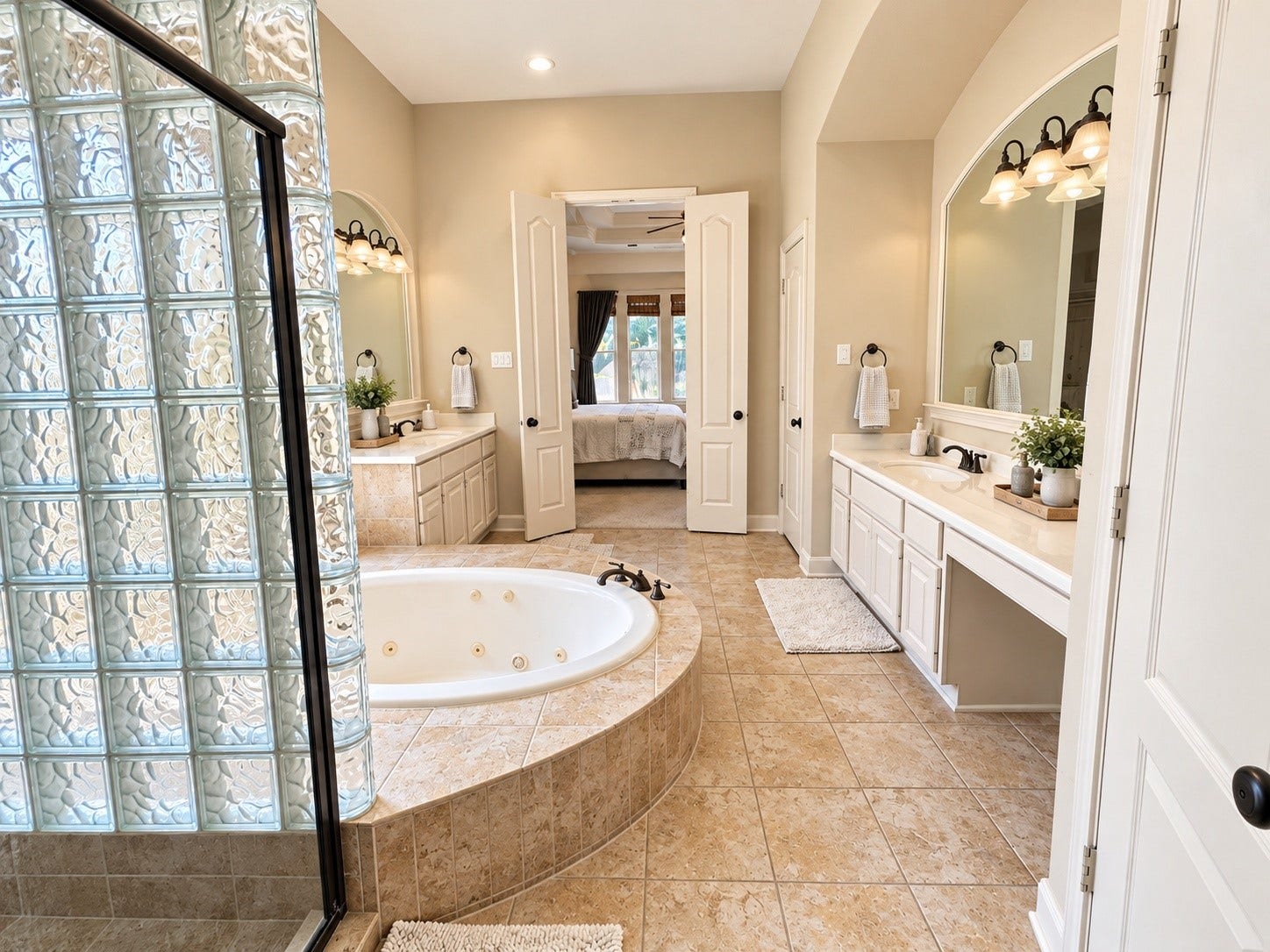 14215 Windy Crossing Lane, Humble, TX 77396 Spacious primary bath featuring separate vanities, a jetted soaking tub, and decorative tile finishes