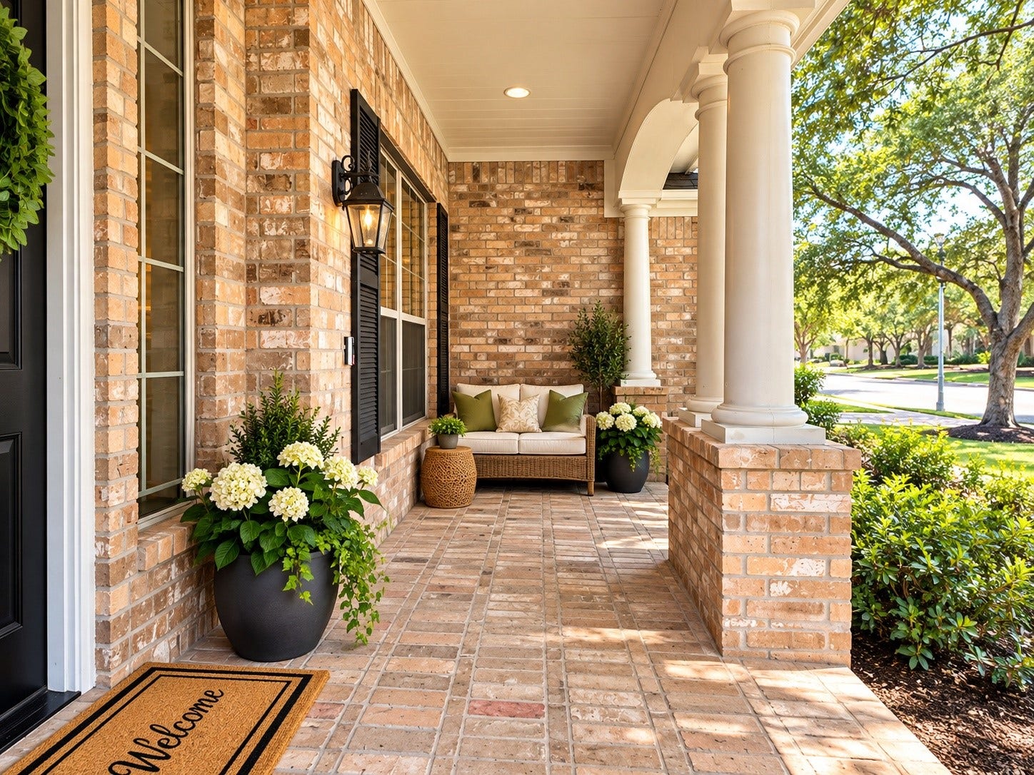 14215 Windy Crossing Lane, Humble, TX 77396 Front of home with Inviting covered front porch with elegant columns, brick flooring, and peaceful neighborhood views.