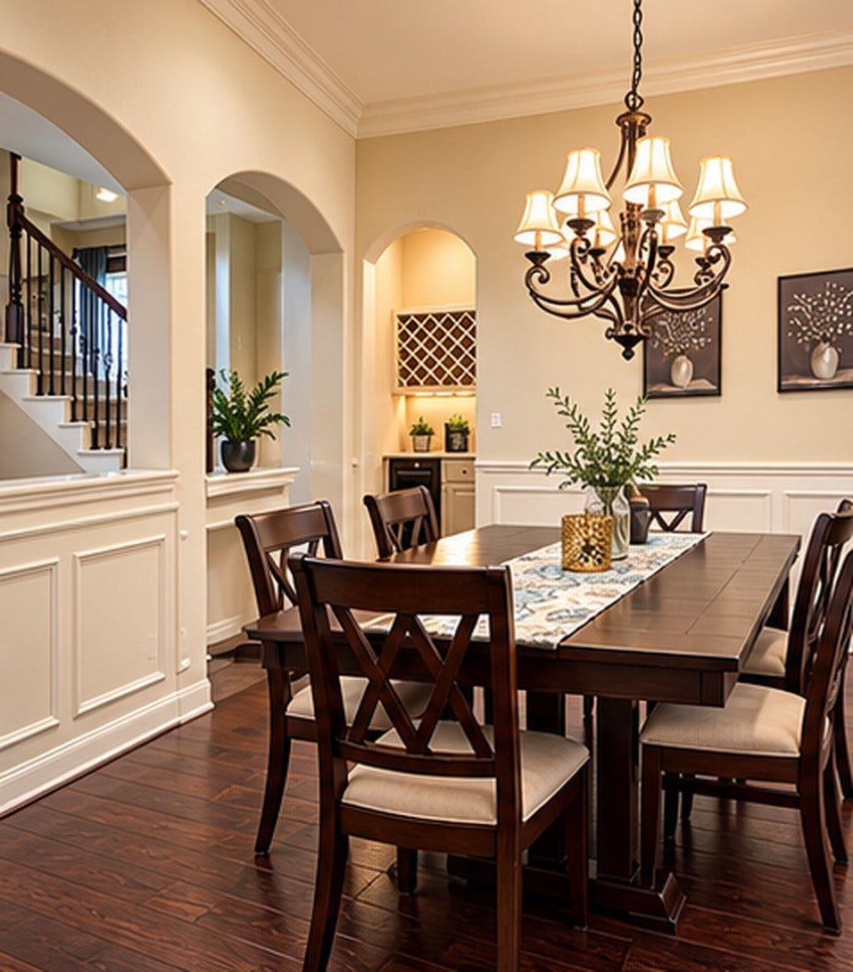 14215 Windy Crossing Lane, Humble, TX 77396 Elegant formal dining room with crown molding, classic wainscoting, beautiful chandelier, and rich wood flooringperfect for entertaining.