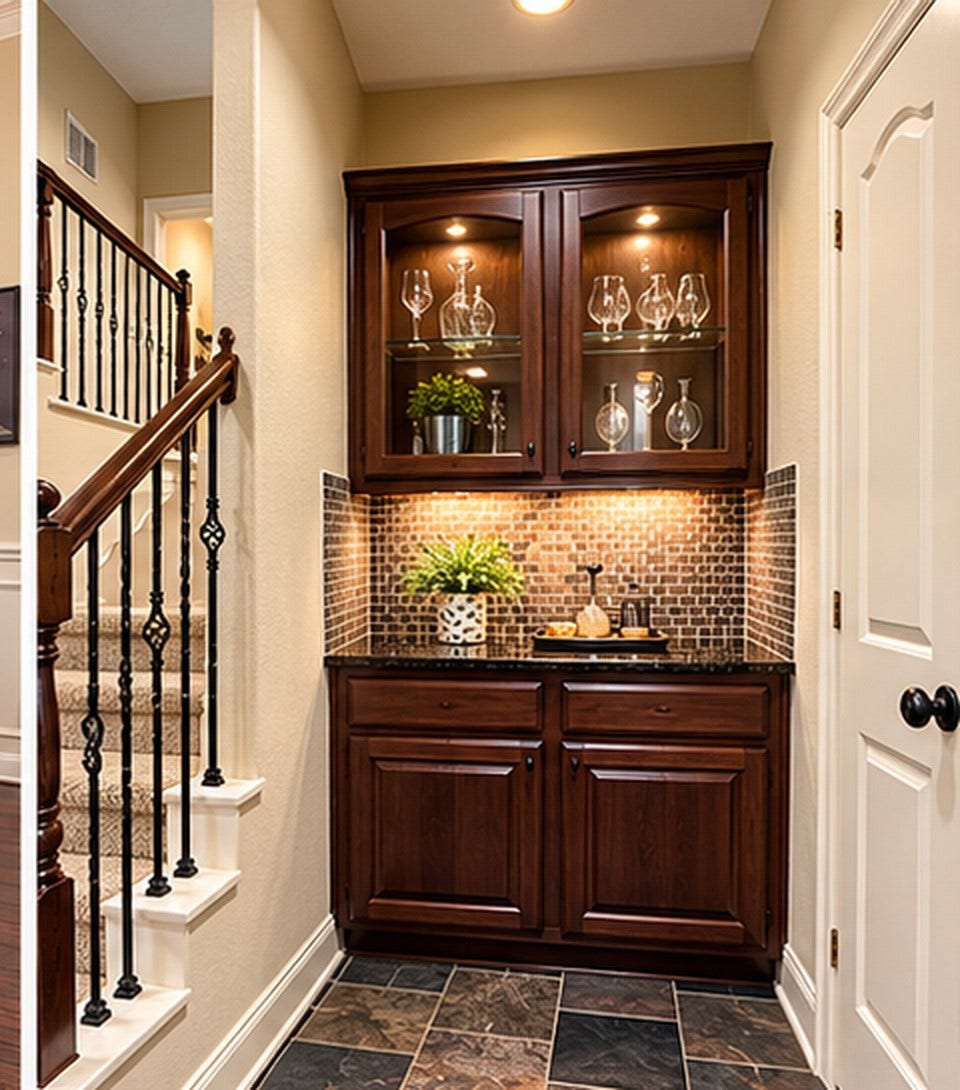 14215 Windy Crossing Lane, Humble, TX 77396 Convenient built-in serving area features rich cabinetry, dark countertops, and decorative tile backsplash.
