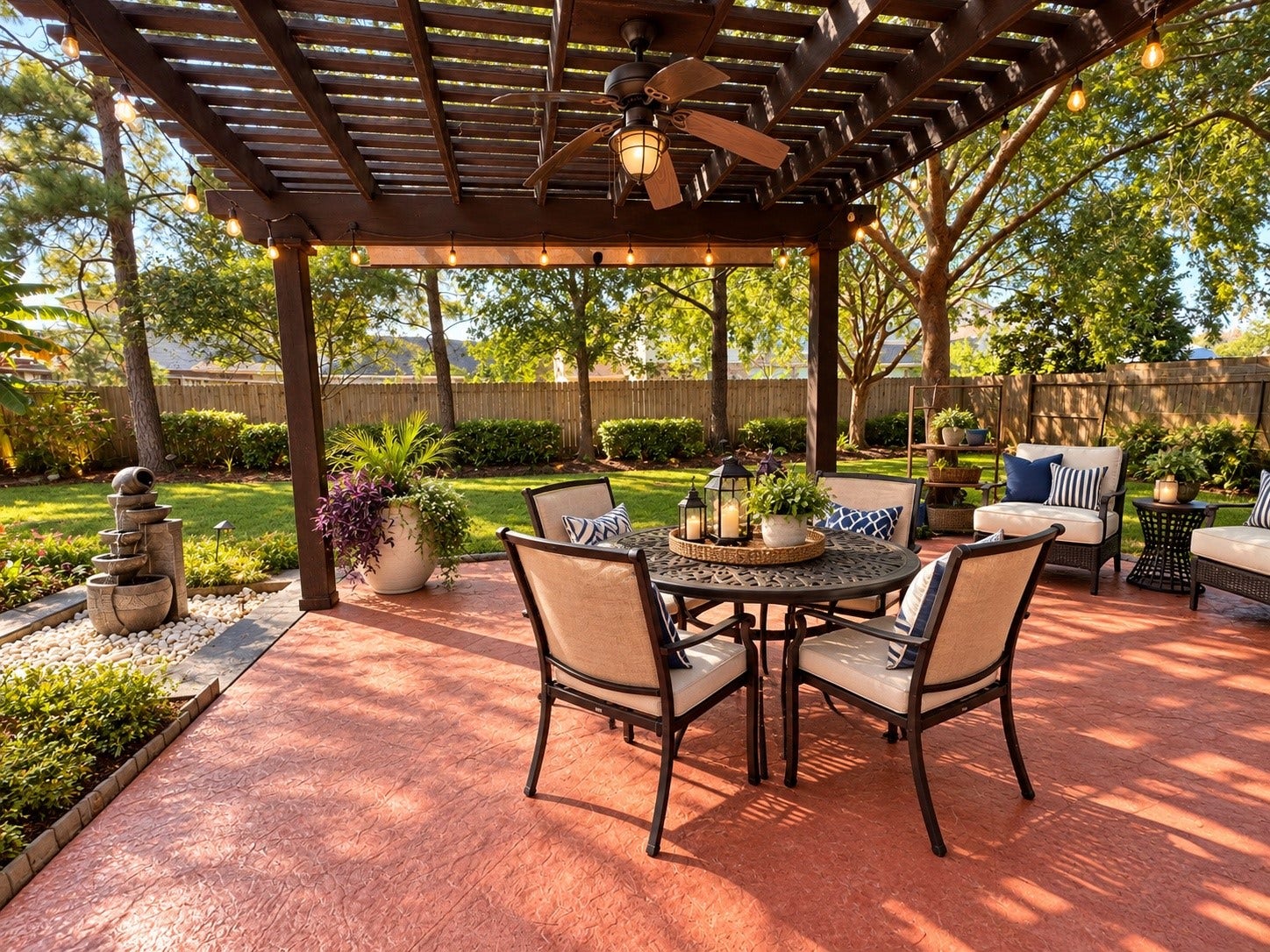 14215 Windy Crossing Lane, Humble, TX 77396 Inviting outdoor lounge beneath a charming pergola, perfect for gathering with family and friends.
