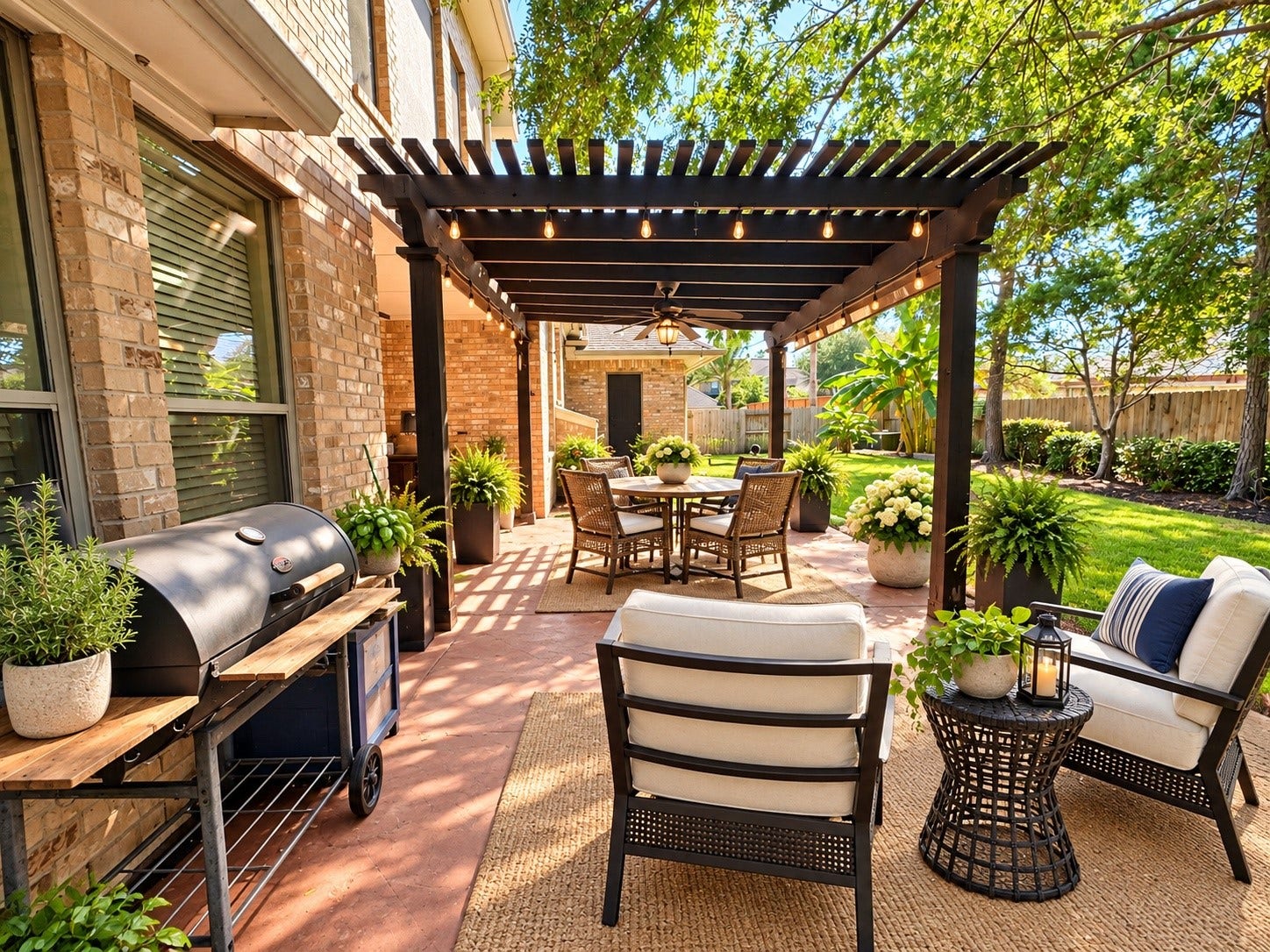 14215 Windy Crossing Lane, Humble, TX 77396 Charming pergola and inviting outdoor seating create a beautiful setting for evenings at home.