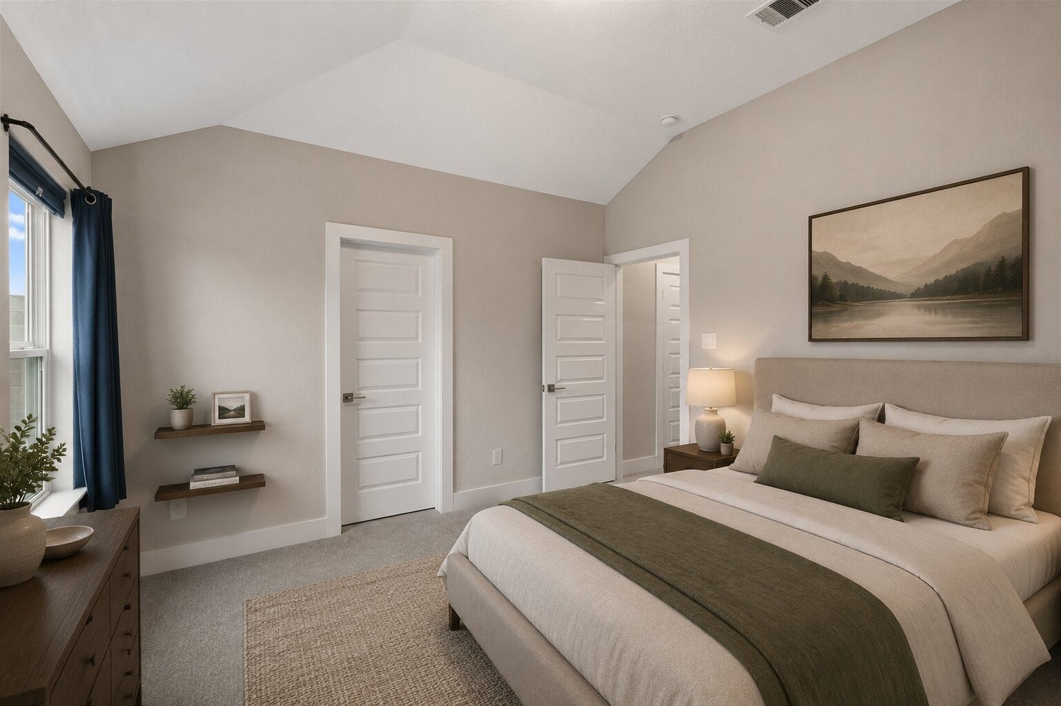 11 Victorian Run, Sugar Land, TX 77498 Comfortable Third bedroom with vaulted ceilings and soft carpeting, offering a bright and open feel. Includes closet access and a convenient layout ideal for everyday living or guest accommodations.