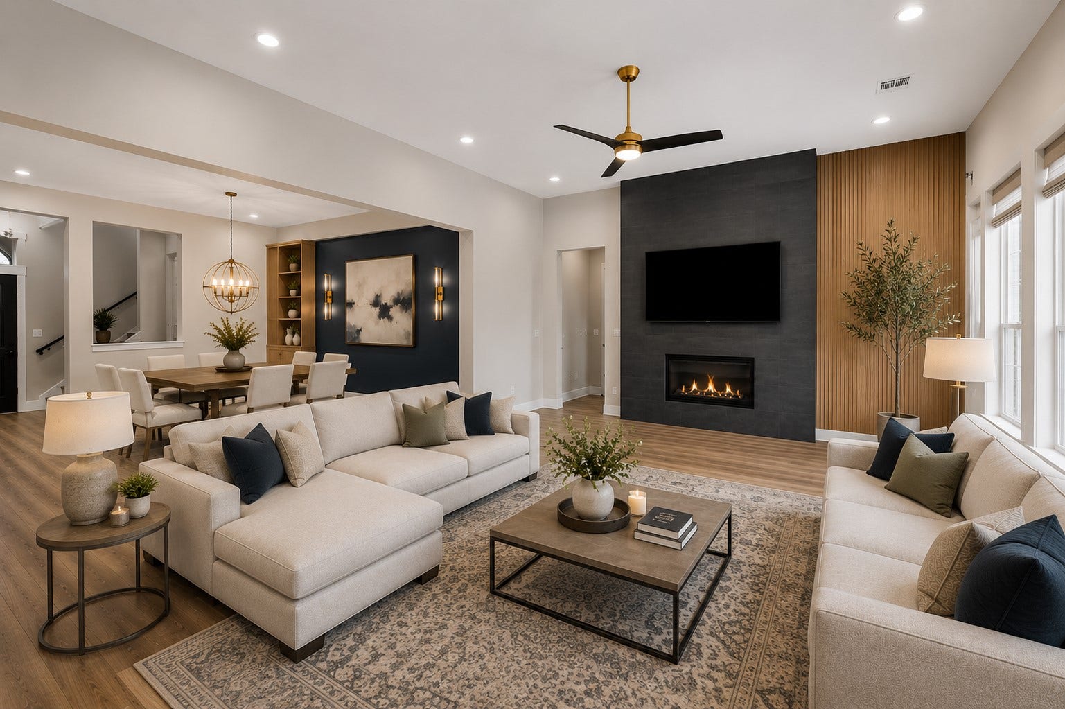 11 Victorian Run, Sugar Land, TX 77498 Expansive open-concept living space seamlessly connecting to the dining area, highlighted by stylish accent walls, contemporary lighting, and a striking Spanish-tiled fireplace feature. The generous layout offers endless possibilities for furniture arrangement and effortless entertaining.