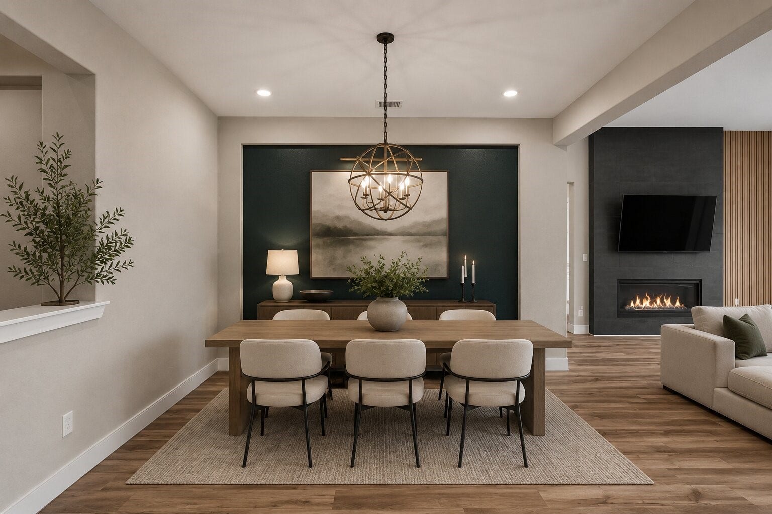 11 Victorian Run, Sugar Land, TX 77498 Stylish dining area featuring a striking accent wall, modern chandelier, and open-concept flow connecting seamlessly to the living spaceperfect for entertaining and gatherings.