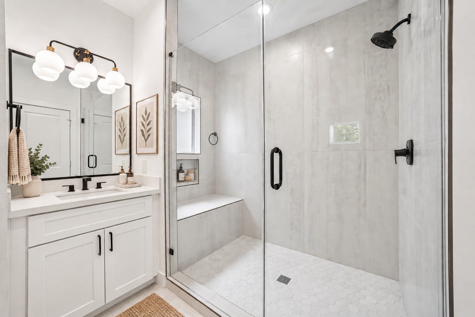 6415 Goforth Street, Houston, TX 77021 Primary Bath. Separate vanities and walk in shower with floor to ceiling tile surround.