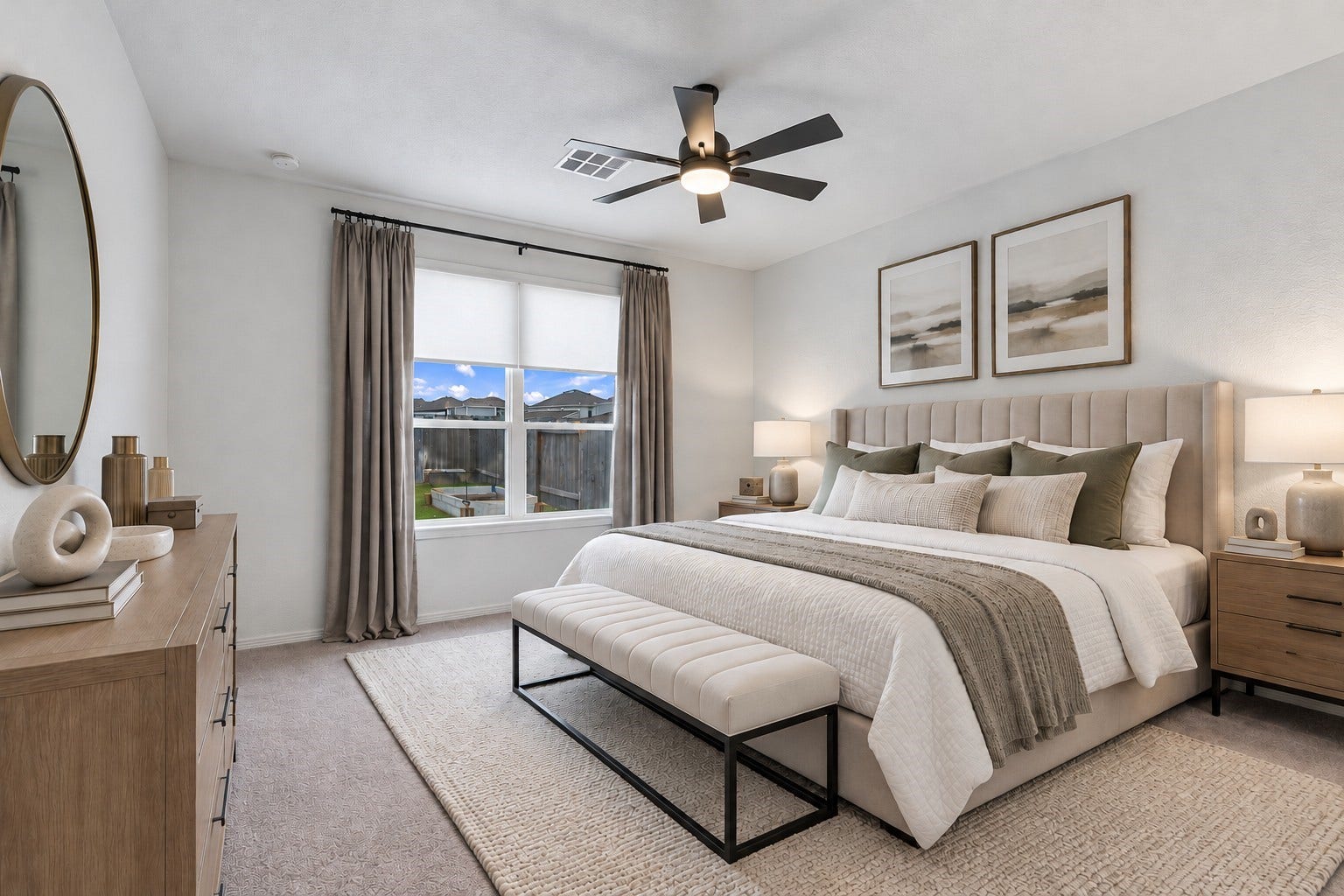 14424 Sunny Bend Way, Conroe, TX 77303 Virtually Staged: This spacious primary bedroom offers a bright, inviting retreat with a clean, modern design and soothing neutral tones. Crisp white walls, soft carpeting, and a generous floor plan create an open and comfortable atmosphere.