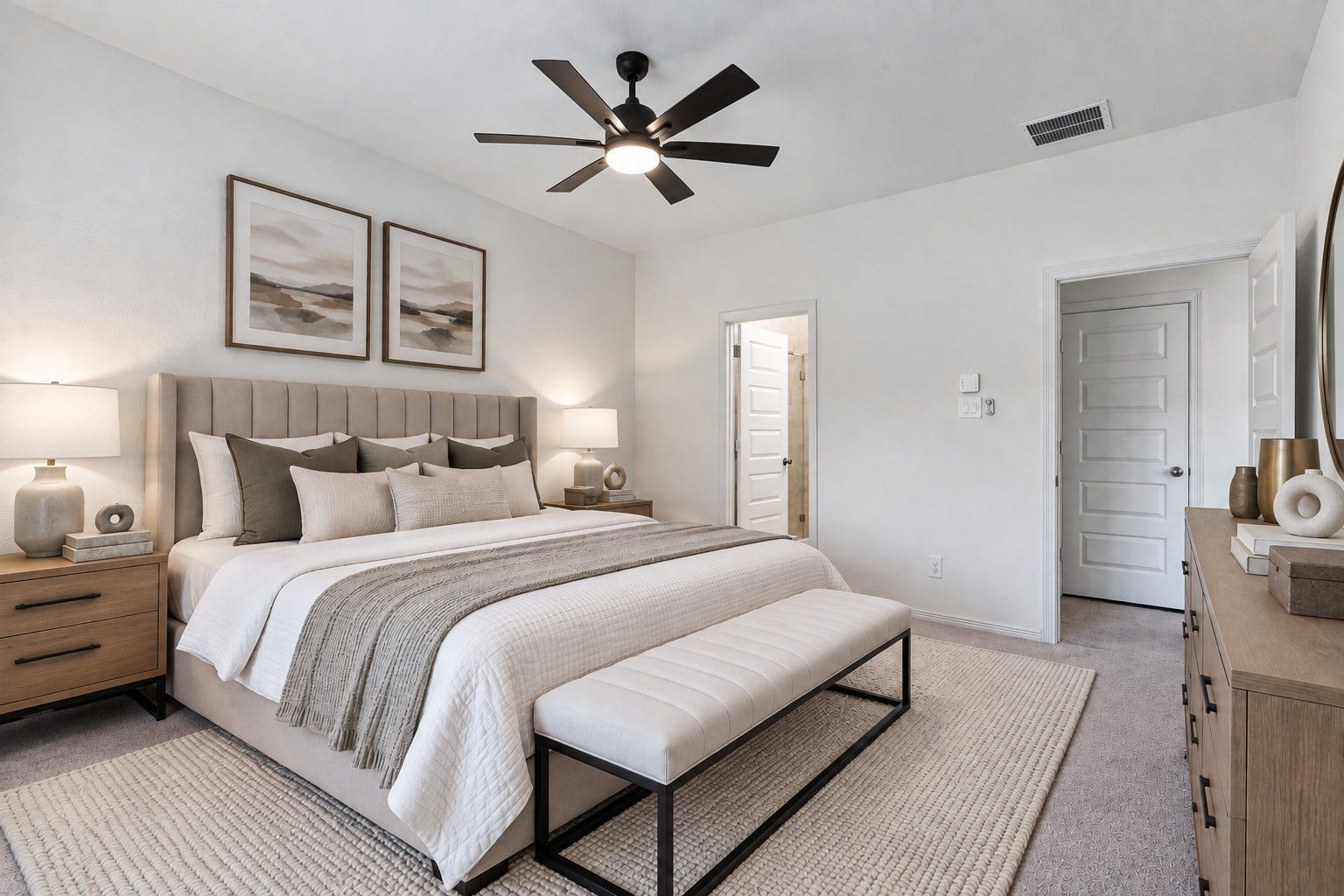 14424 Sunny Bend Way, Conroe, TX 77303 Virtually Staged: The thoughtfully designed layout offers direct access to the adjoining bathroom and hallway, creating a seamless blend of style, privacy, and functionality.