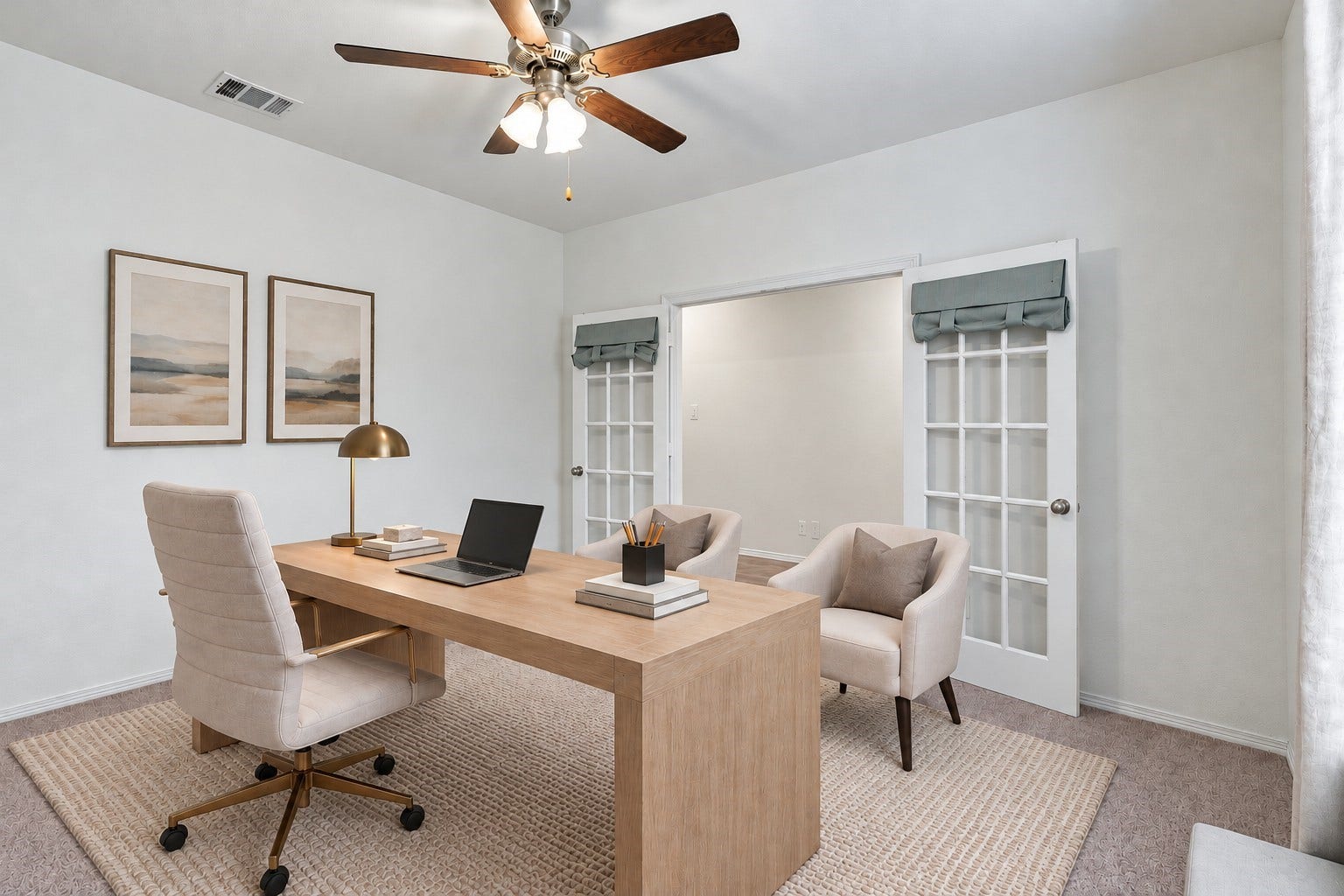 14424 Sunny Bend Way, Conroe, TX 77303 Virtually Staged: This beautifully designed home office offers a bright, sophisticated workspace highlighted by elegant double French doors with glass-paneled inserts.