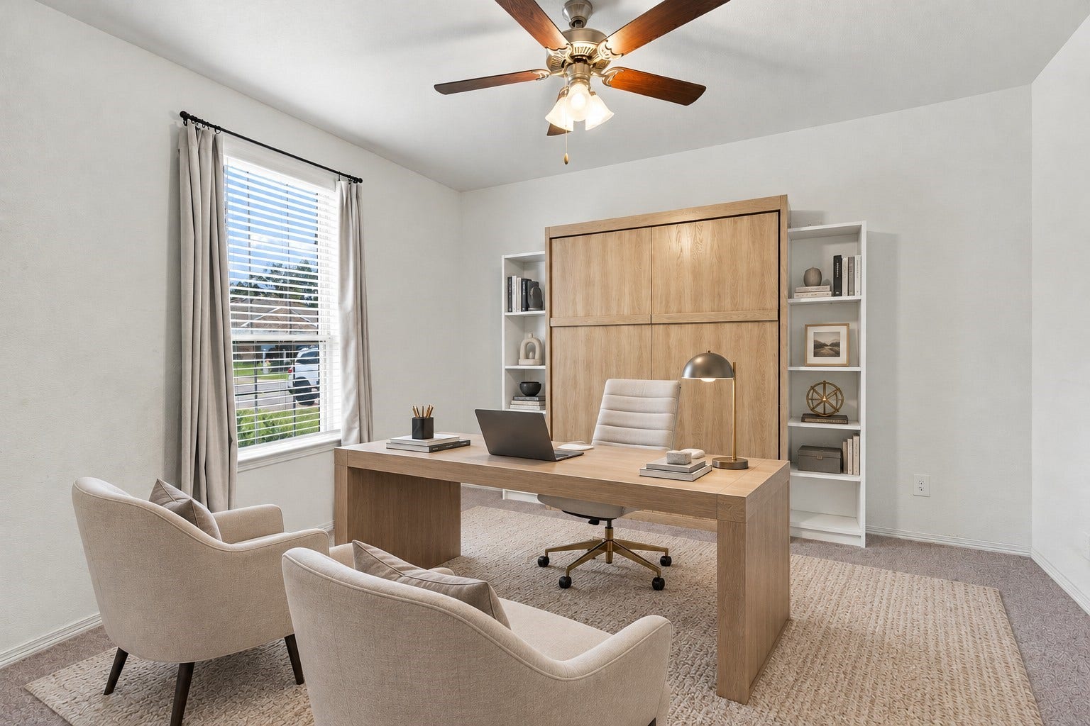 14424 Sunny Bend Way, Conroe, TX 77303 Virtually Staged: This bright and spacious room offers a versatile layout, ideal for a dedicated home office or private study. A ceiling fan with integrated lighting enhances comfort and functionality throughout the space.