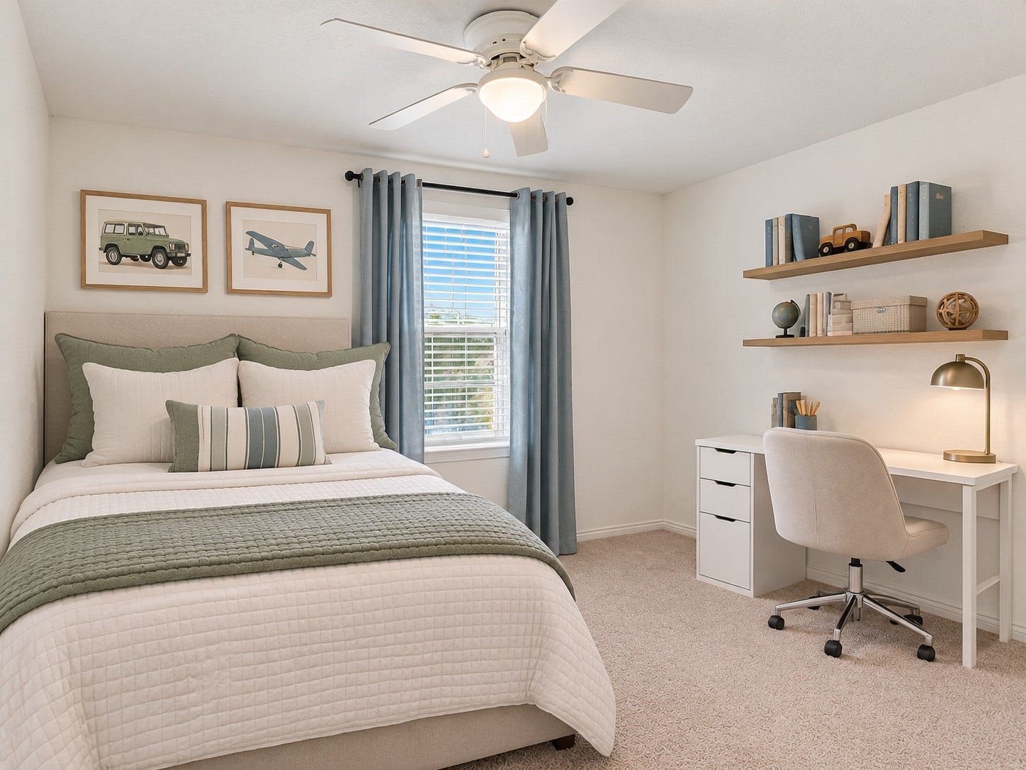 14424 Sunny Bend Way, Conroe, TX 77303 Virtually Staged: This bright and inviting bedroom features a clean, airy atmosphere. A centrally positioned window allows abundant natural light to fill the room, while white blinds and layered curtains provide privacy and light control. The ceiling features a ceiling fan with integrated lighting, enhancing everyday comfort.
