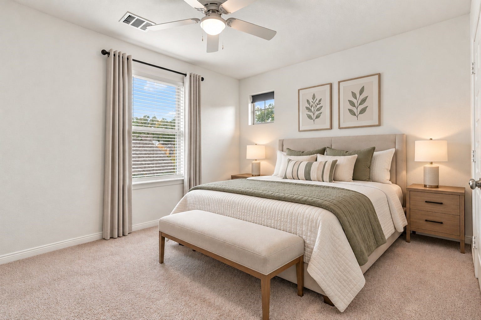 14424 Sunny Bend Way, Conroe, TX 77303 Virtually Staged: This secondary bedroom offers a bright, inviting atmosphere with a modern design and soothing neutral tones. Soft beige carpeting complements the crisp white walls, while a large window welcomes abundant natural light.