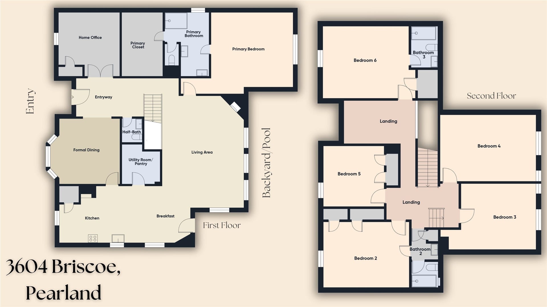 Spacious home featuring a first-floor primary suite, formal dining, and an open living area leading to the backyard. Upstairs offers five additional bedrooms and two bathrooms, perfect for accommodating family and guests.