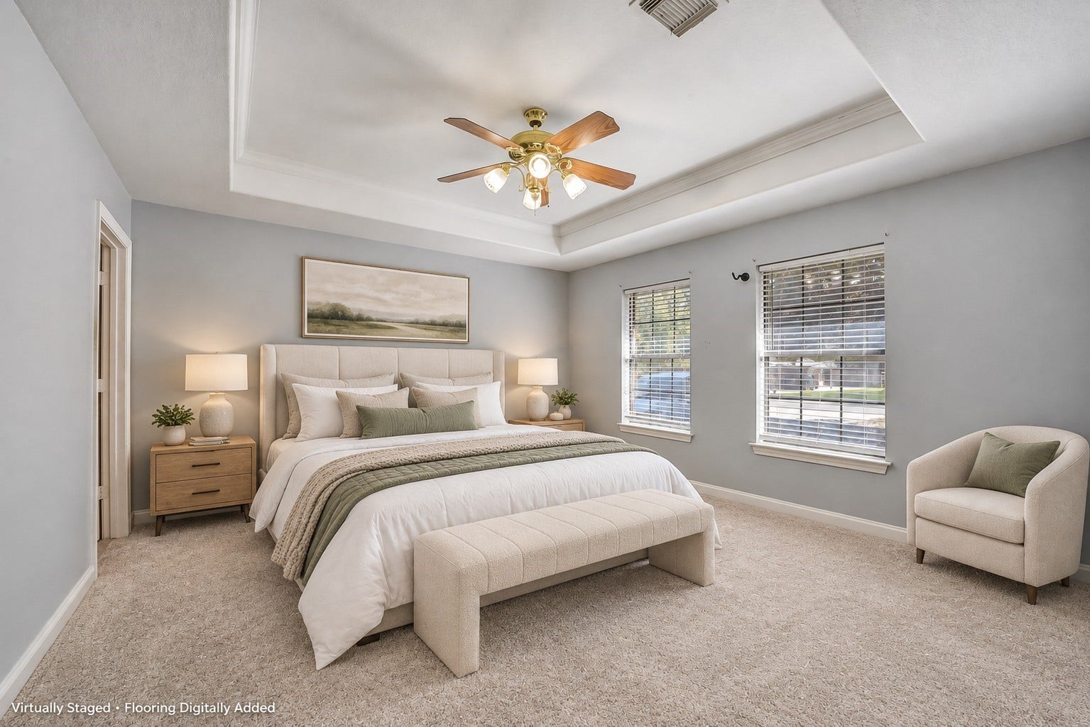 22911 Keith Drive, New Caney, TX 77357 Staged primary bedroom to show how it will look like with carpeting and furniture.