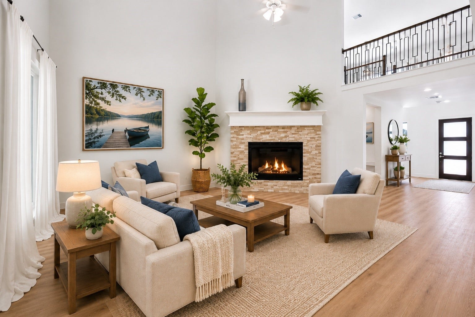 205 Wyndemere Drive, Montgomery, TX 77356 Spacious open family room with abundant natural light and stunning private views of the forest- no back neighbors- room is virtually staged with furniture and drapes- flooring is lighter than depicted here.