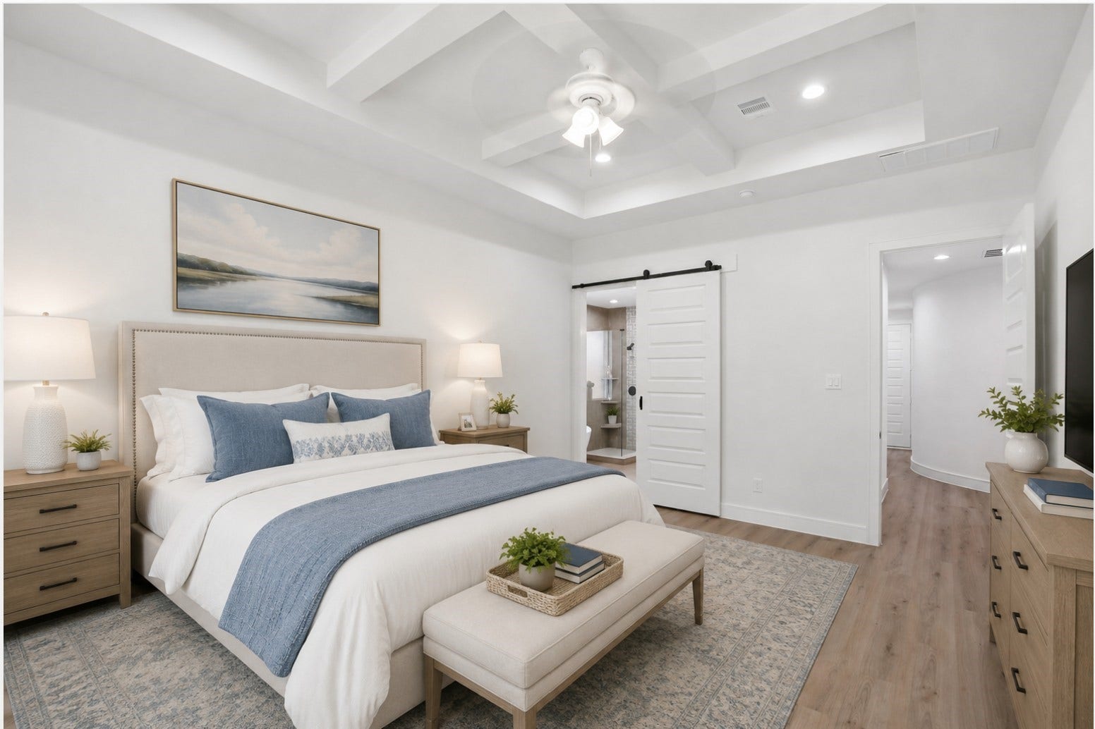 205 Wyndemere Drive, Montgomery, TX 77356 Spacious primary retreat w/spa like en-suite. Awe inspiring coffered ceilings adding a pleasing architectural detail.