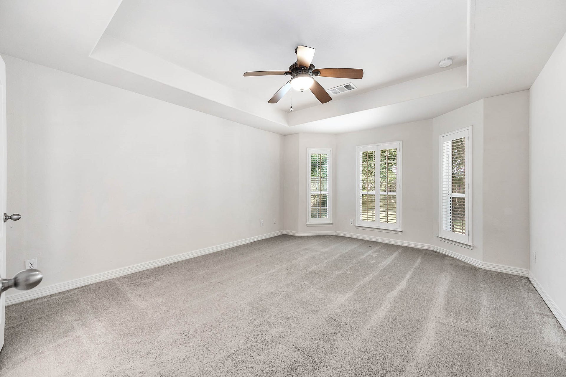 Spacious primary bedroom with elegant tray ceiling and large windows showcasing a serene backyard view.