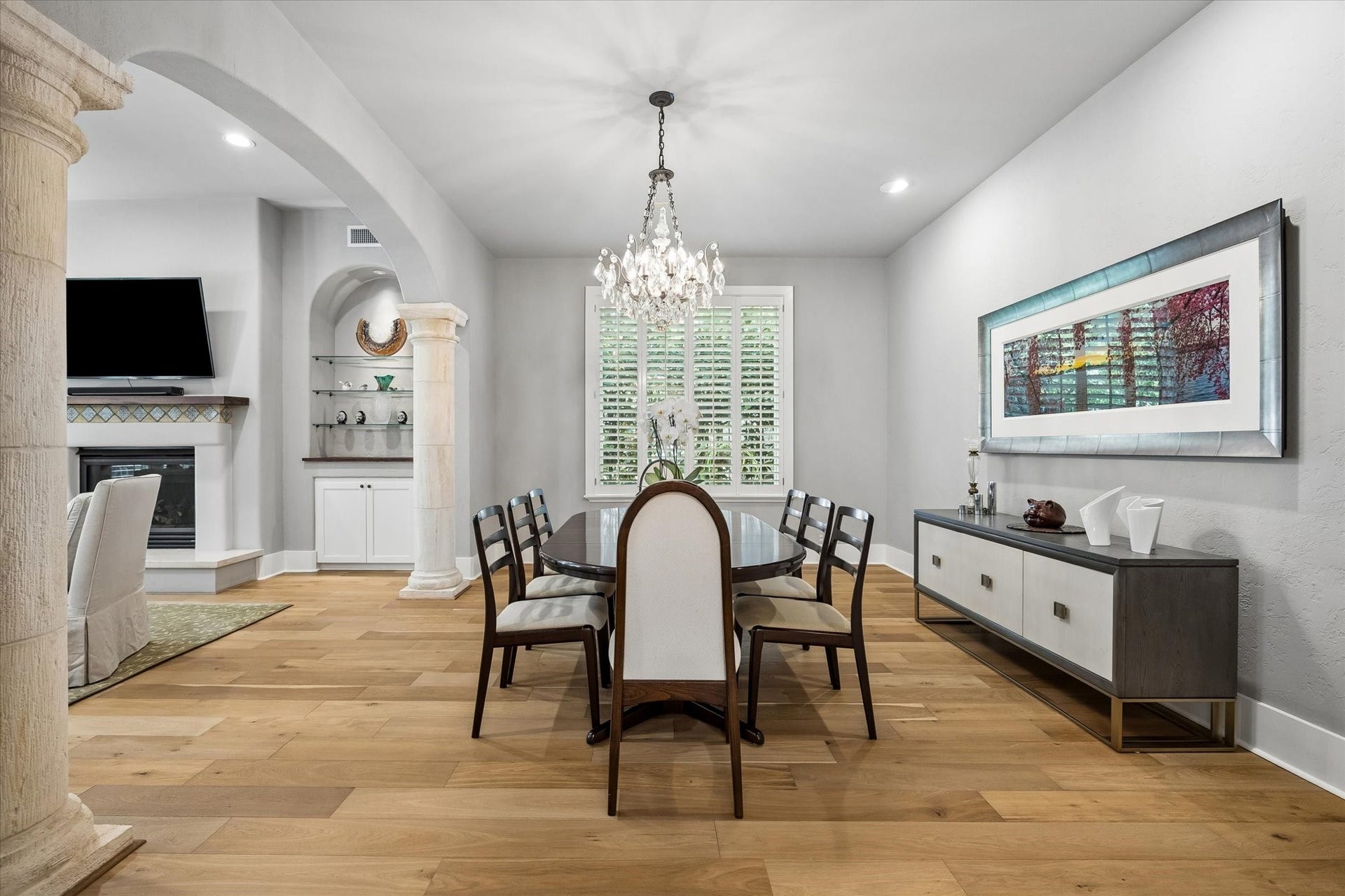 Dining area flows seamlessly for effortless dinner parties or casual living.