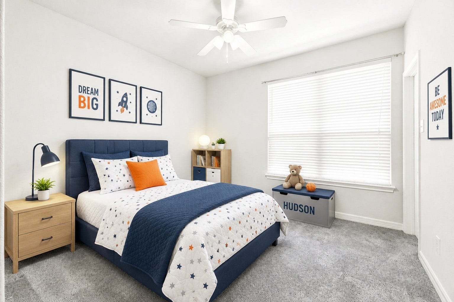 3707 Cat Springs Lane, Missouri City, TX 77459 This well-appointed secondary bedroom features high ceilings with a fan and large windows, offering a bright and comfortable space for family or visitors. Virtually staged.
