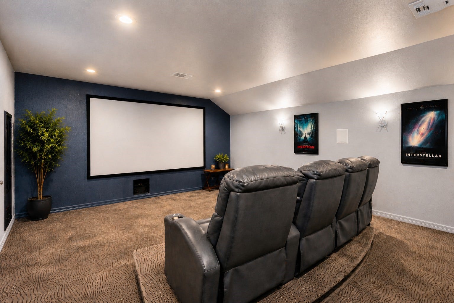 3707 Cat Springs Lane, Missouri City, TX 77459 Another perspective of this media room designed for an immersive experience, complete with custom lighting, built in mini-fridge, microwave and a large projection area for movie nights and sporting events. Virtually staged so you can imagine the possibilities.